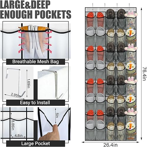 Miniatura 3 de Windyun Paquete de 2 40 organizadores de zapatos para colgar sobre la puerta, con bolsillo de malla grande, para armario, antideslizante detrás de