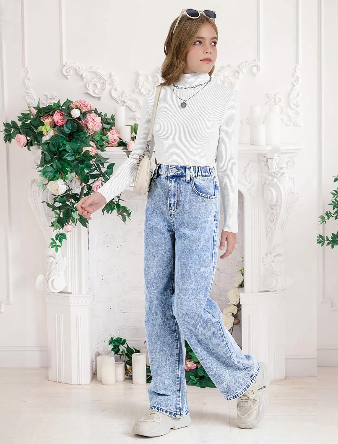 Girls Baggy Jeans Wide Leg High Elastic Waisted Bow Embroidered Straight Pant Y2k Cute Tween Skater Streetwear - Image 9