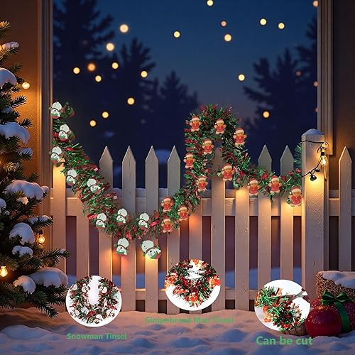 Miniatura 3 de Paquete de 2 guirnaldas metálicas de Navidad, guirnalda colgante con muñeco de nieve y hombre de jengibre, adornos de Navidad impermeables para