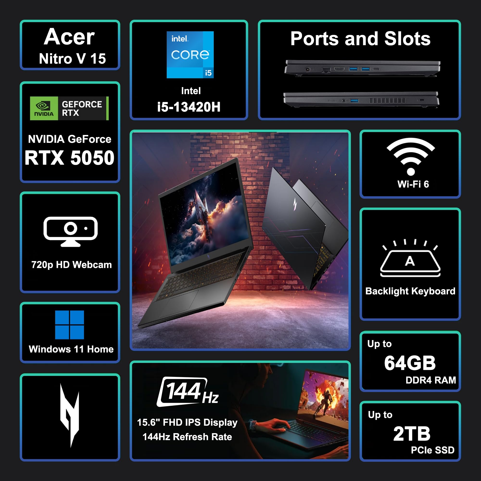 Acer Nitro V 15 Ordinateur portable de jeu 15,6" FHD IPS 165 Hz Intel 8 cœurs i5-13420H 16 Go DDR4 512 Go SSD GeForce RTX 5050 GDDR7 DLSS4 (jusqu'à 440 AI Tops) Rétroéclairé Thunderbolt WiFi6 Win11