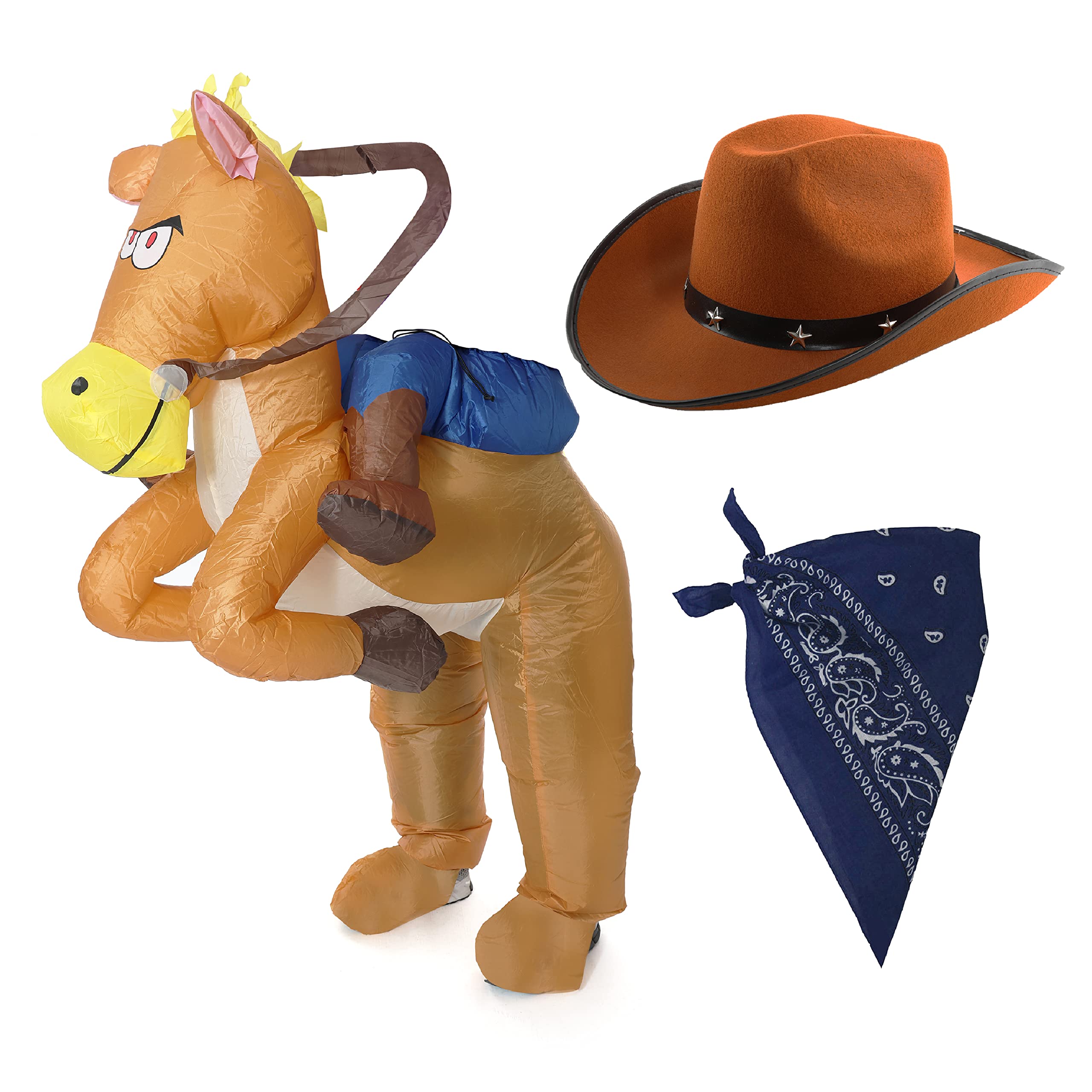 Adults Cowboy Fancy Dress Costume - Inflatable Ride-On Horse, Brown Cowboy Hat, Navy Blue Paisley Bandana - Adults Wild West Fancy Dress Costume