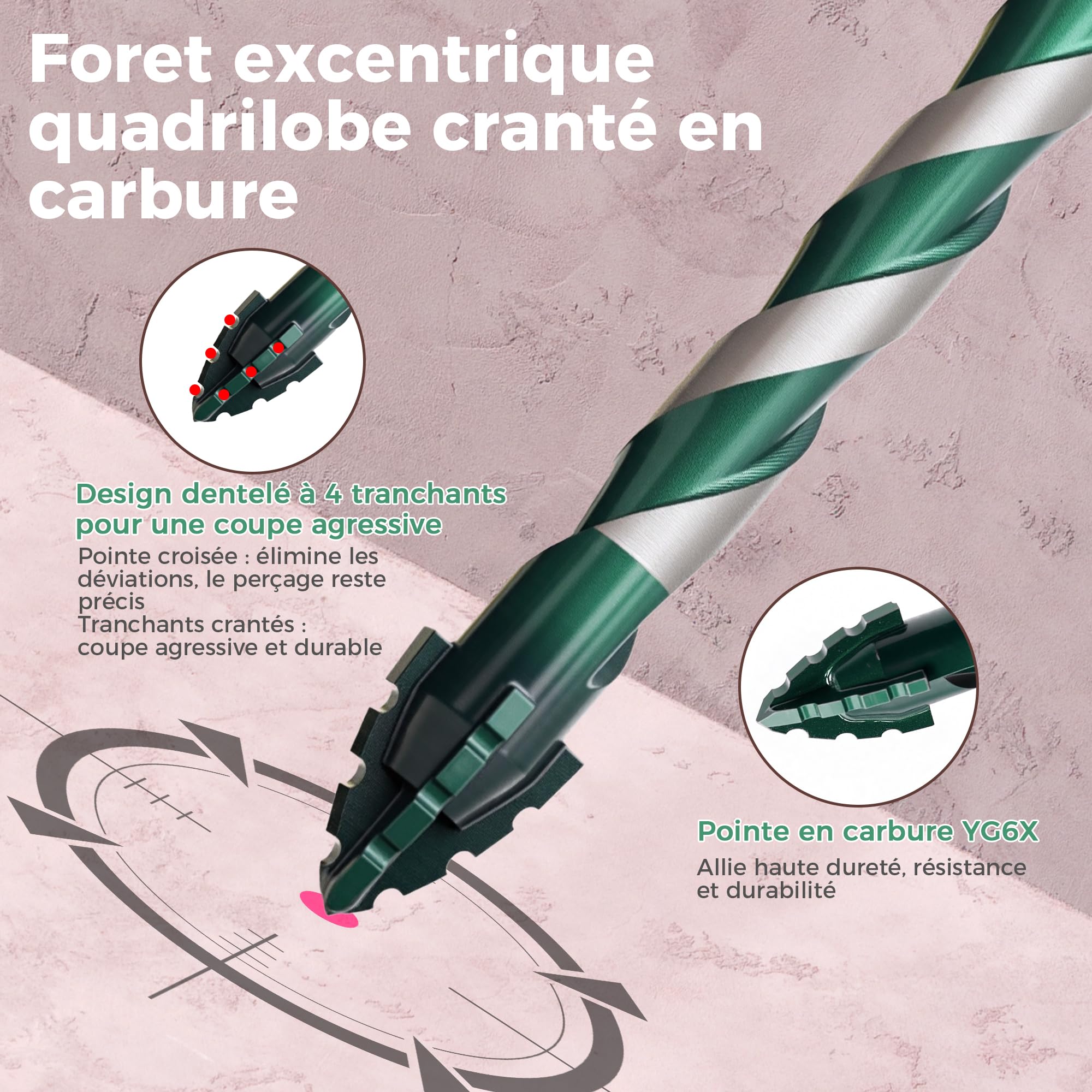 Lot de 10 forets excentriques à dents de scie à quatre tranchants avec cobalt, foret à pierre 3-12 mm, tige hexagonale de 6,3 mm, foret en carbure pour céramique, carrelage, métal, béton, verre vert