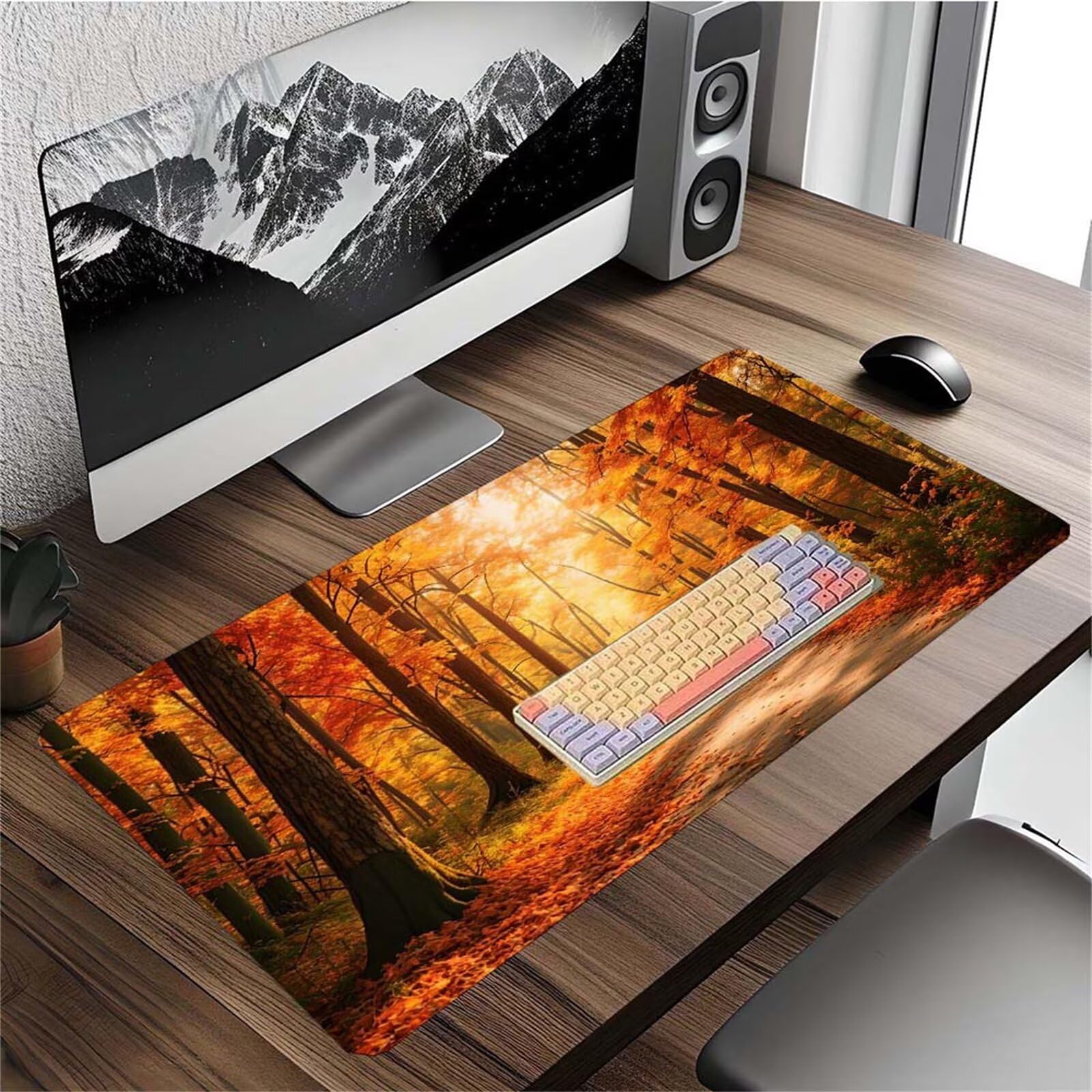 Alfombrilla Ratón Otoño Bosque Alfombrilla Ratón XXL 1400x600x3mm Mouse Pad Resiste Salpicaduras, Extendida de Gran Tamaño con Bordes Cosidos, Mejora la Precisión y la Velocidad, Antideslizante y-389