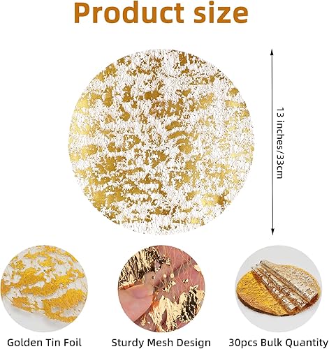 Miniatura 2 de JINGIHE 30 manteles individuales redondos dorados, desechables metálicos de 13 pulgadas, de malla de papel de aluminio, decoración para bodas,