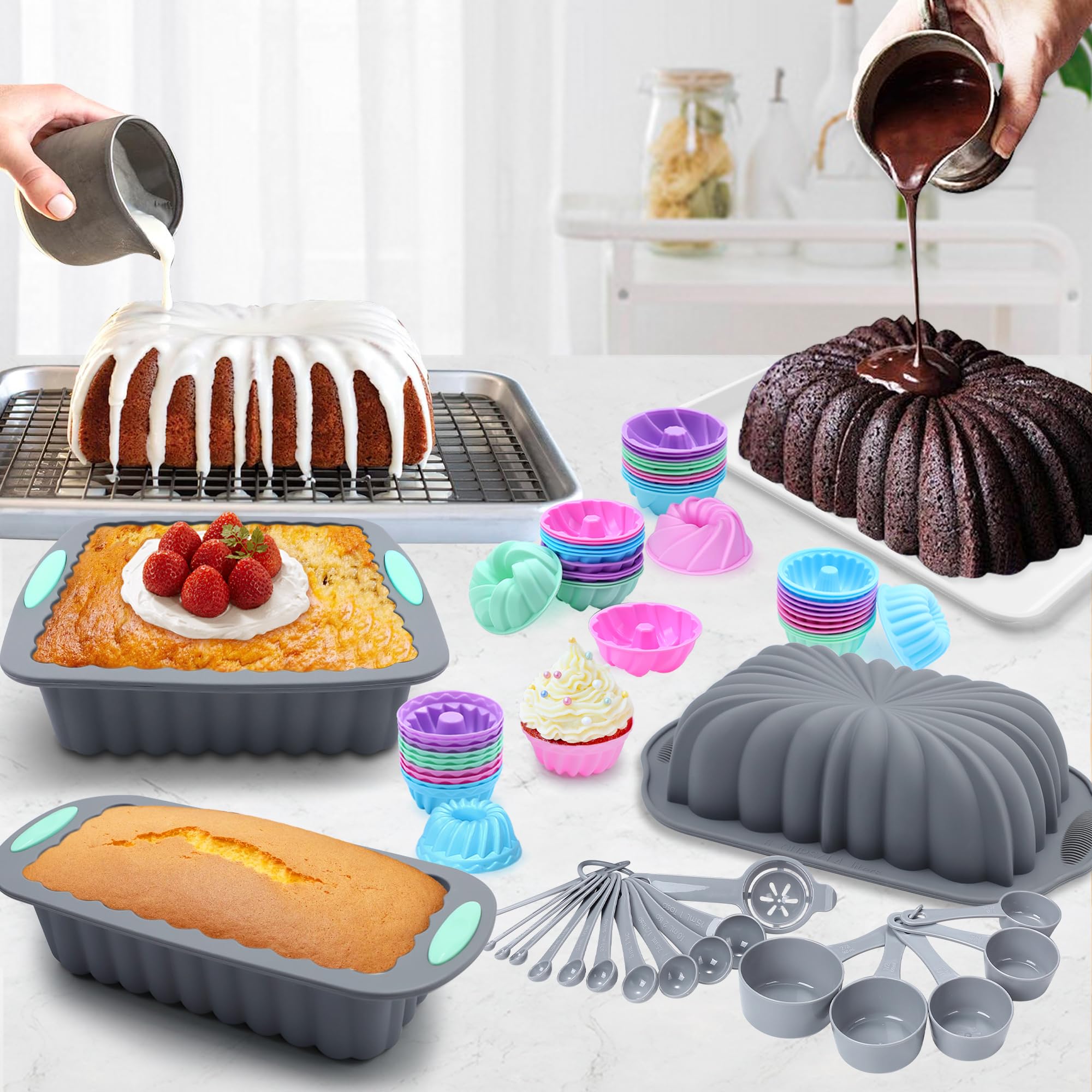 Tongjude 72 Stück Silikon-Backformen Set, Antihaft-Backformen Set, Easy Release Backofen Silikonpfanne für die Küche mit Kuchenformen, Laib Pfannen, Backformen, Messbecher und Löffel Set, grau