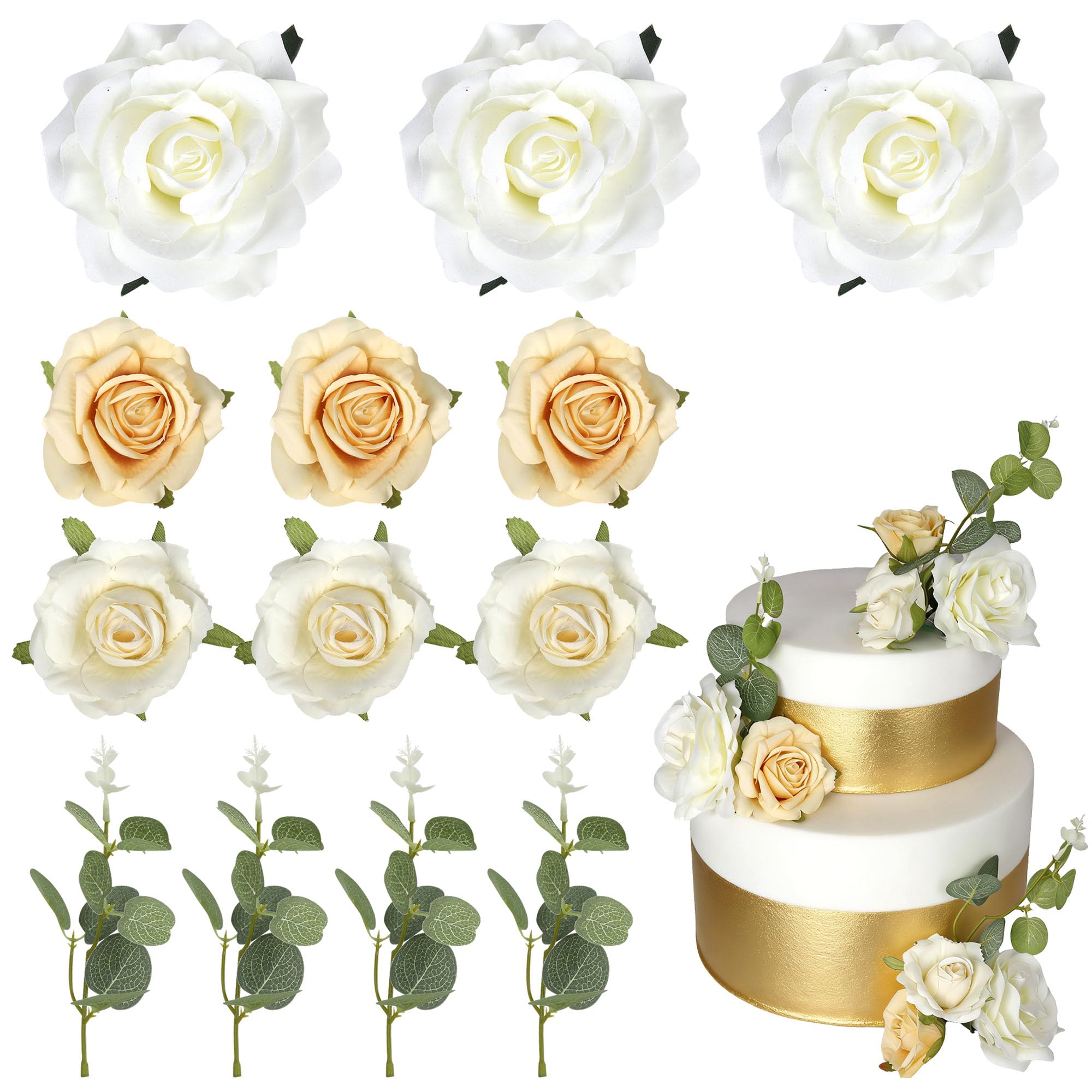 Xsstarmi Boho Flower Cake Decoration with Wihte Rose Eucalyptus Cake Pick for Wedding Birthday Valentine's Day Party DIY Cake Decorations Supplies