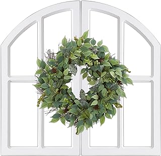 Sintosin Rustic White Arch Window Frame 30 Inch Tall, 2 Pcs Hanging Distressed White Vintage Window Frame Wall Decor Living Room, Handmade Wooden Frame Fake Window Wall Decor for Entryway Bedroom