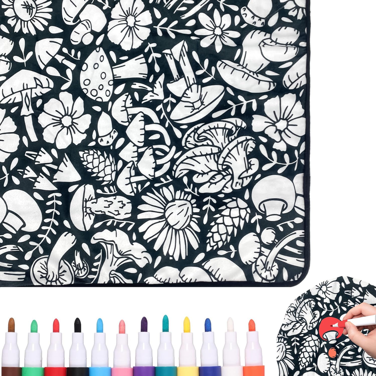 DIY Colouring In Blanket for Adults, Mushroom Velvet Personalized Colour Your Own Blankets with Markers 12 Color Pens Creative Cartoon Picnic Colours to Blanket UK for Home Decor (50x60 Inch)