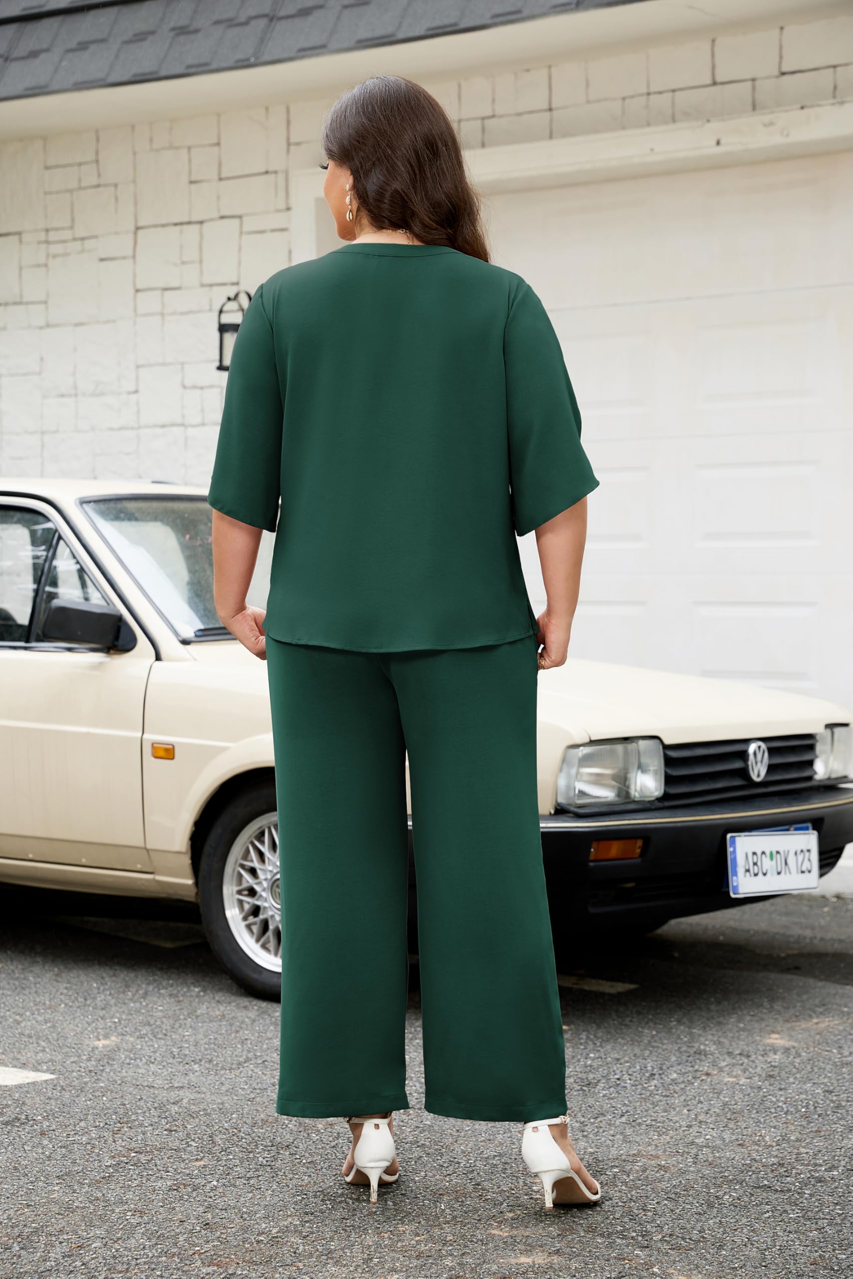Theenkoln Set da donna in chiffon, 2 pezzi, elegante, per matrimoni e cocktail party, con scollo a V, maniche a pipistrello e pantaloni a vita alta