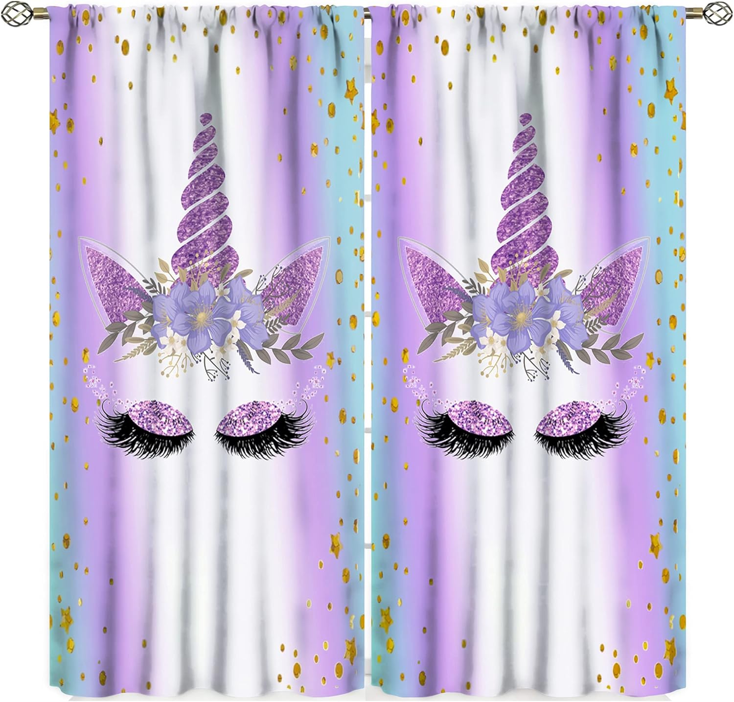 Unicorn Curtains Kids Girls Room Decro Rainbow Stars Window