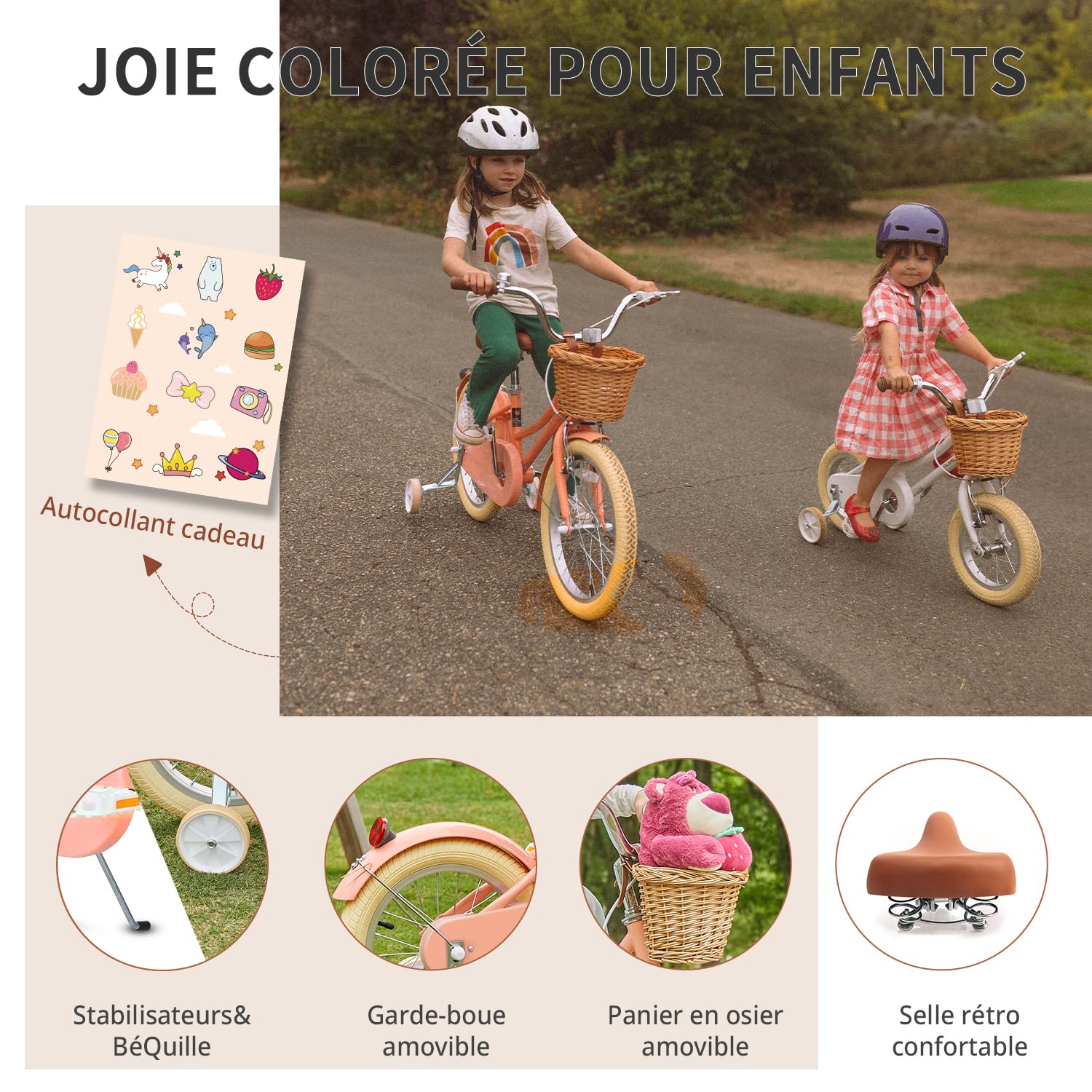 Glerc Little Molly Vélo rétro 12-20" pour enfants de 2 à 13 ans avec panier en osier et roues stabilisatrices/béquille, plusieurs couleurs disponibles