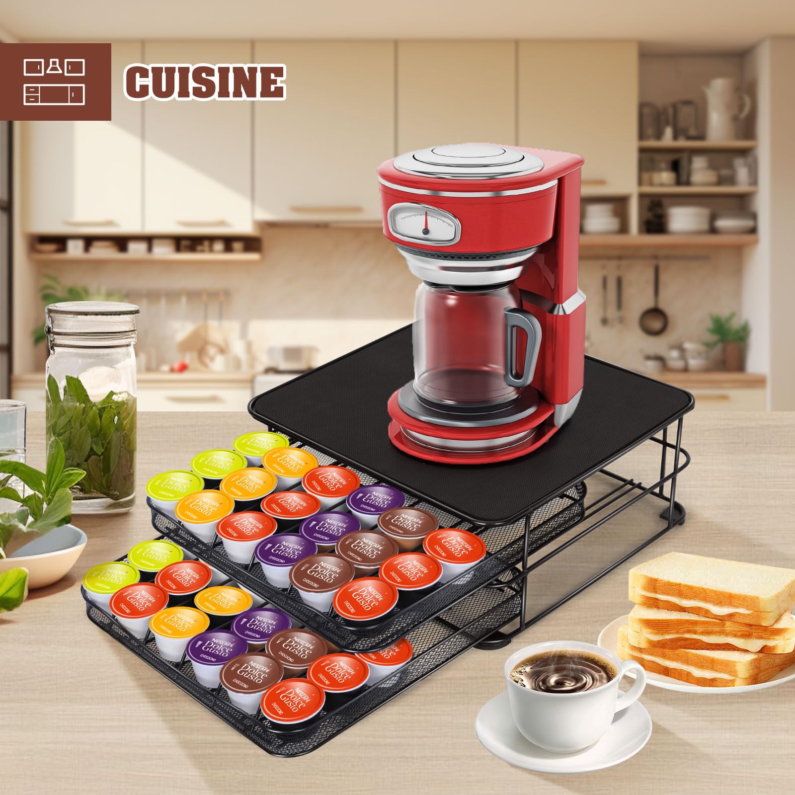 HEVOL Porte Capsules 72 PCs, Tiroir à Capsules avec Support de Machine à Café, Surface Anti-Vibration, Support Porte Dosette, Capsules de Grande Capacité pour Maison, Bureau