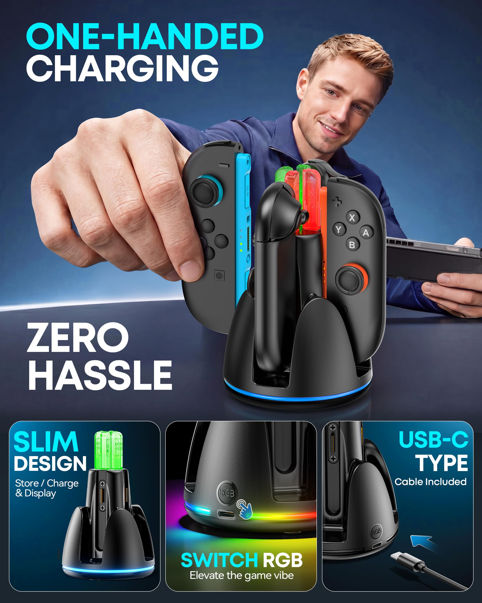 Rysker Station de Charge pour Manettes Switch 2, Chargeur Rapide pour 4 Joy-Con Switch 2, Support de Recharge avec 9 Effets Lumineux RGB et Indicateur LED, Socle de Charge pour Manettes Nintendo 2