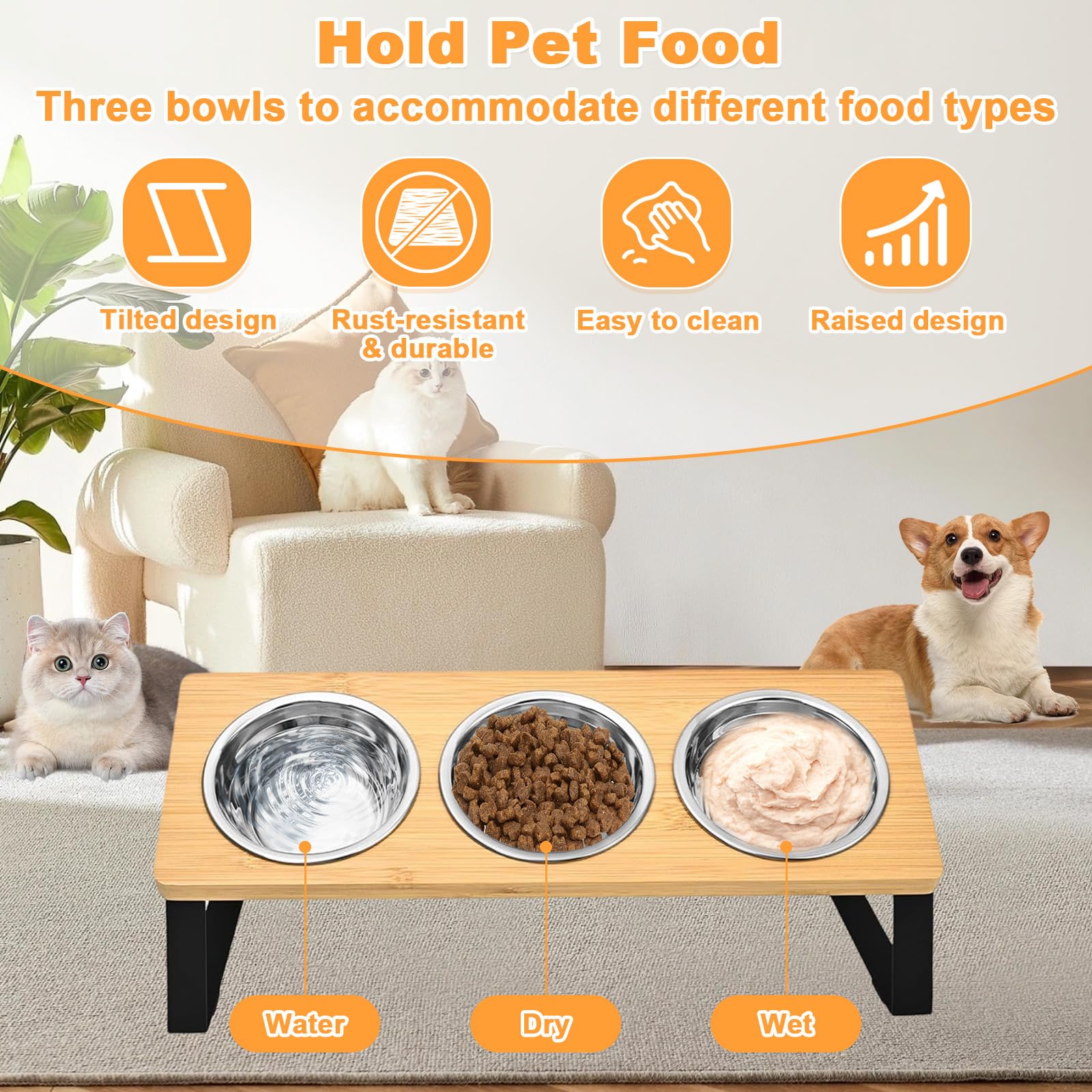 Comedero Gato Elevado con Antideslizante Alfombrilla & Soporte, 3 Comederos Gatos Acero Inoxidable Inclinado 15°, Cuenco Perro Alimentos Agua Bebedero Elevados Antivómitos para Gatos, Perros Pequeños