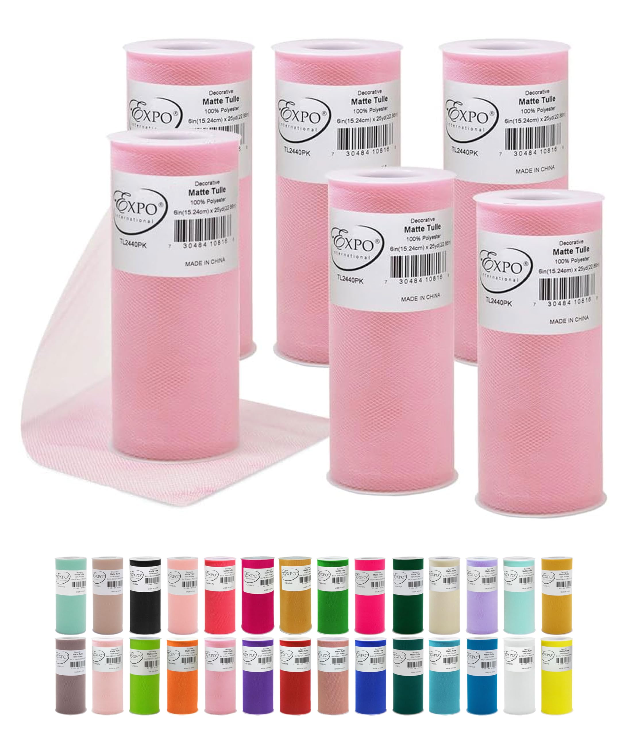 Expo International Decorative Matte Tulle, Roll/Spool of 6 Inch x 25 Yards (Pack of 6), Polyester-Made Tulle Fabric, Matte Finish, Lightweight, Versatile, Washable, Easy-to-Use, Pink