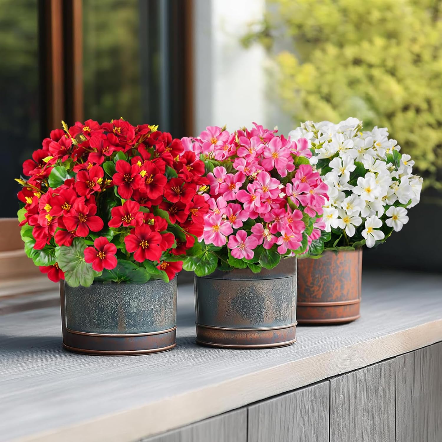 Artificial Geranium Flowers for Outdoors Fake Flowers 14 Inch Faux Flowers Spring Summer Decoration for Home Front Door Garden Planter Patio Balcony Yard Indoor Outdoor (Pink)