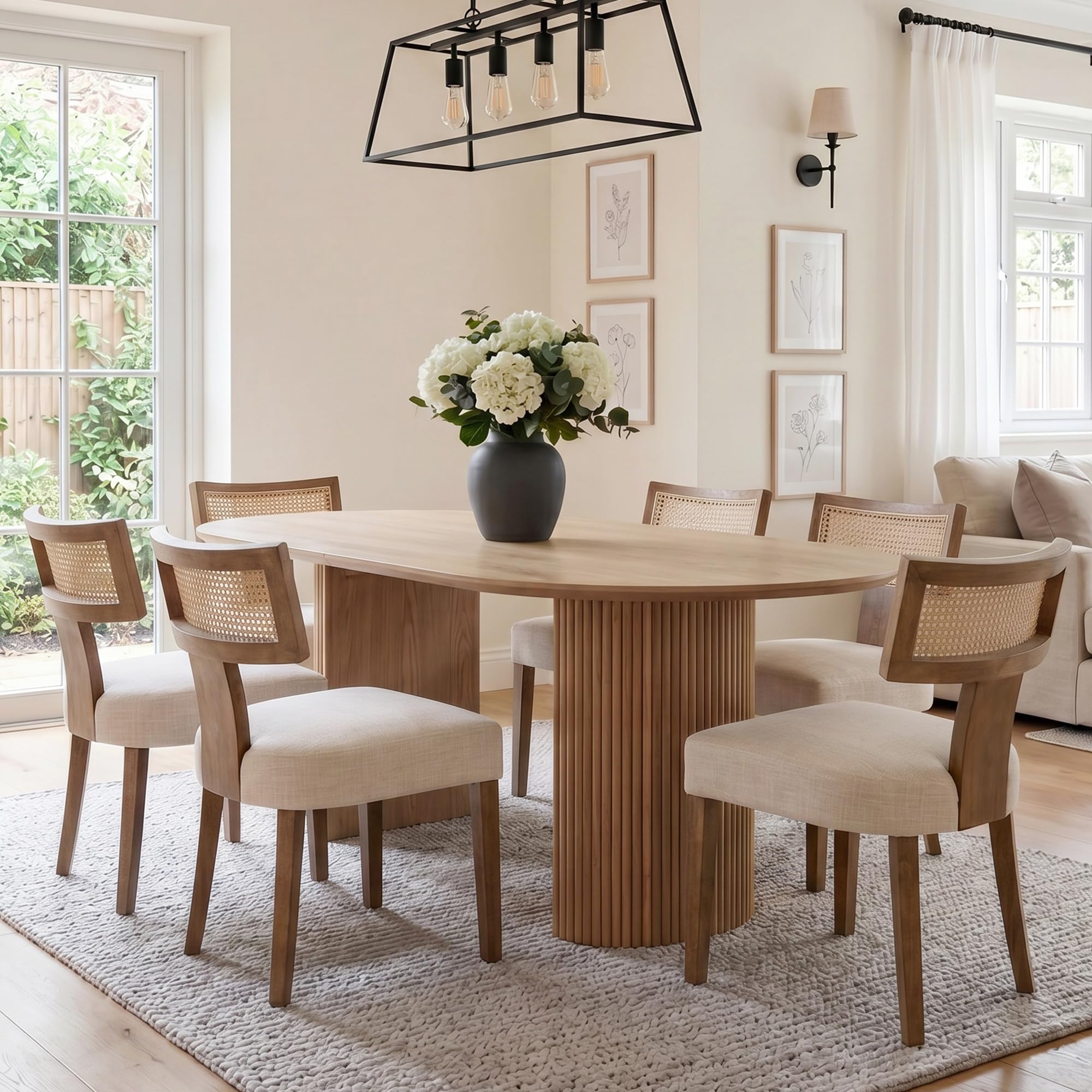 HNY Mid Century Modern Rattan Dining Chairs Set of 6, Linen Upholstered Kitchen &amp; Dining Room Chairs with Ergonomic Curved Back, Solid Wood Frame, Farmhouse Accent Chairs for Home, Apartment, Beige