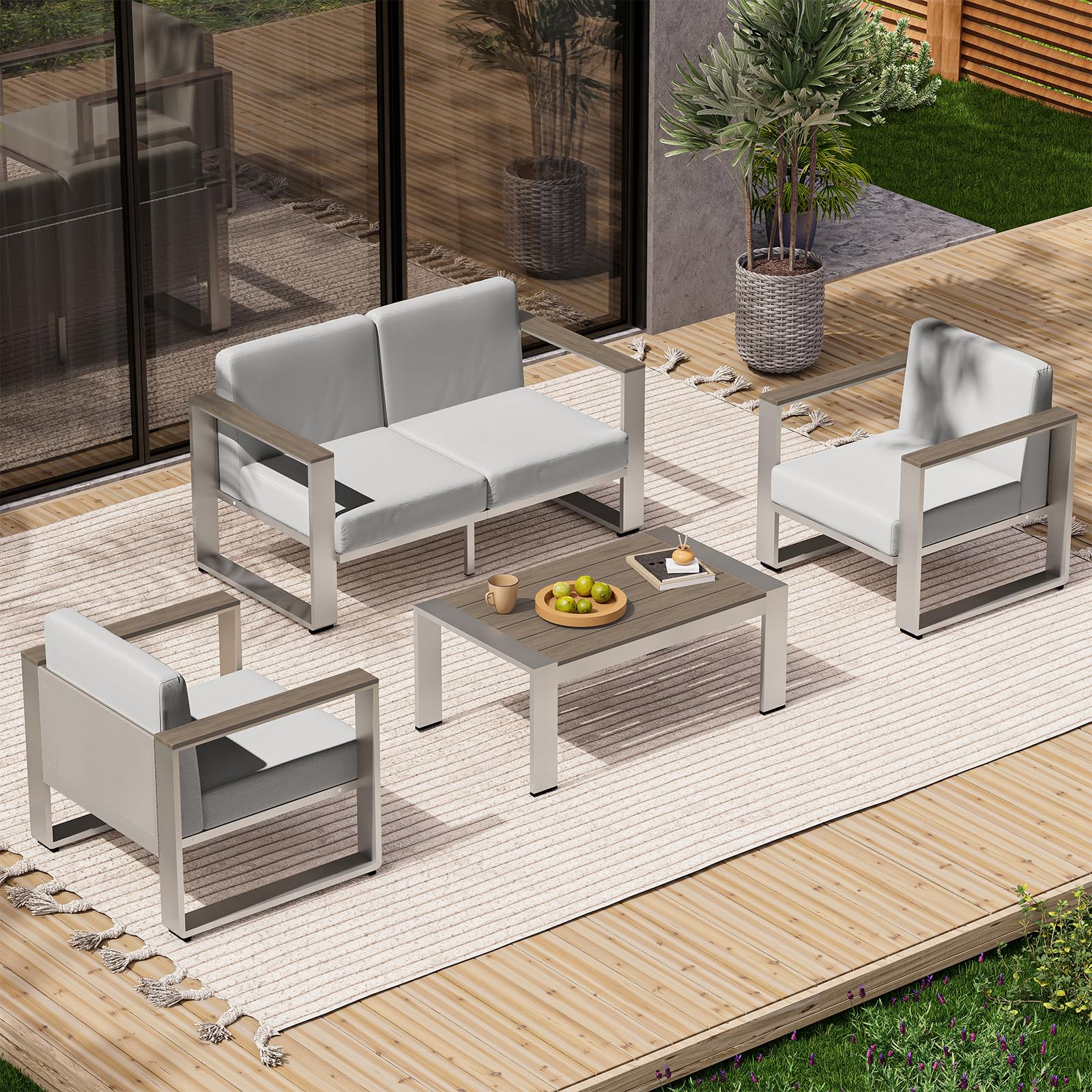 Aluminum Outdoor Furniture Set, 4 Seats Outdoor Patio Conversation Sets with Ergonomic Seat and Wide Washable Thick Cushions, Modern Patio Sectional Furniture for Balcony, Porch (Gray)