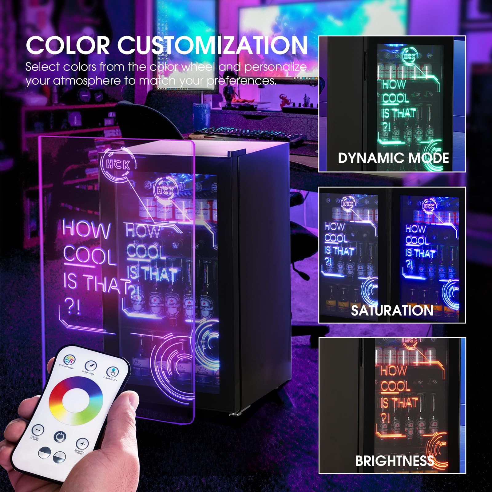 HCK Nevera Pequeña 98L, Mini Nevera con Iluminación Moderna Cyberpunk, Frigorifico Puerta Cristal de 0 a 10°C, Para Sala de Juegos, Fiesta, Negro