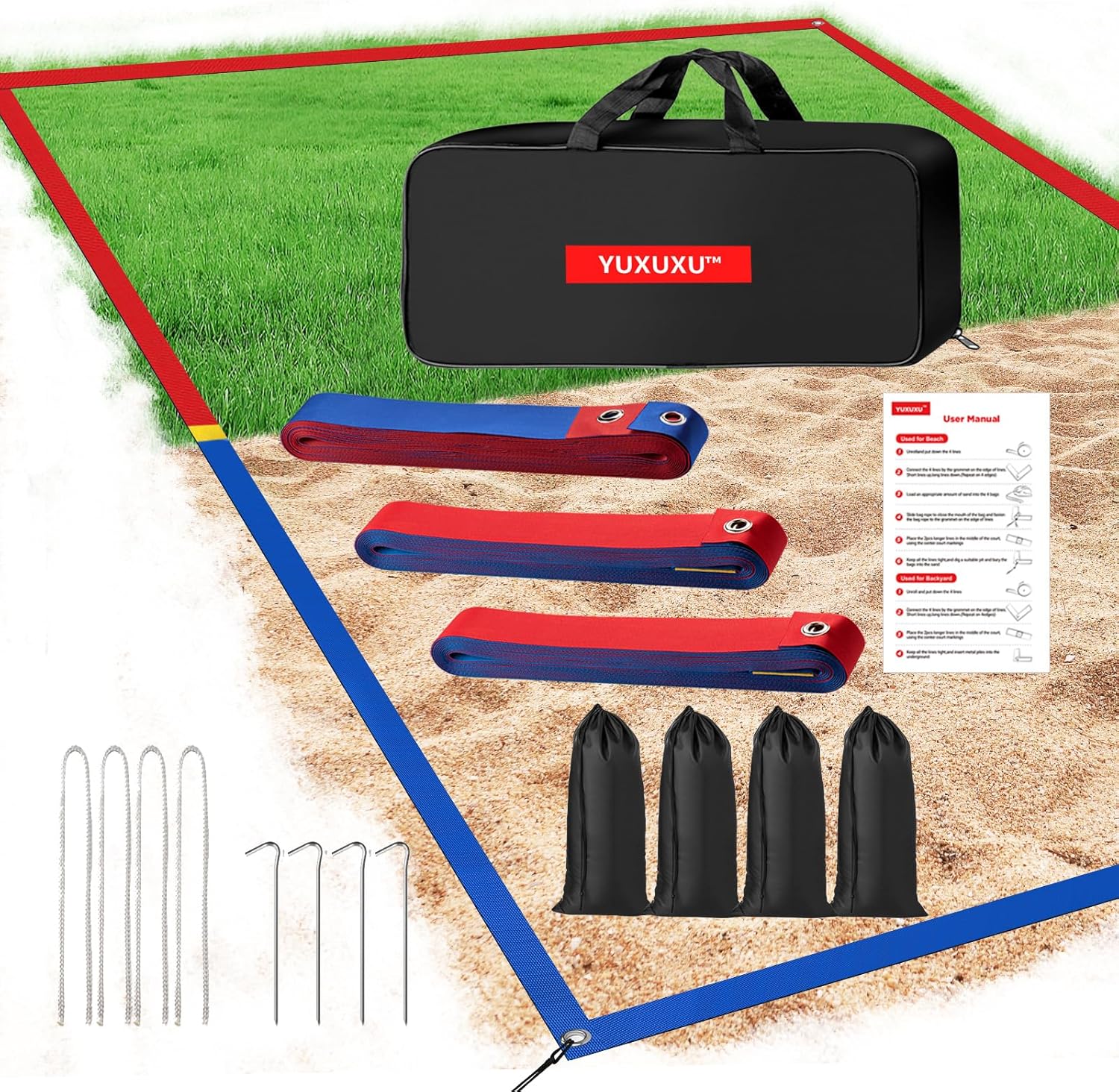 Professional Beach Volleyball Lines for Sand-2 Inch, Highly Visible, All-Weather, with Stainless Anchors & Sand Bags - Official Court 30' X 60'|Short Court 26.3' X 52.6'