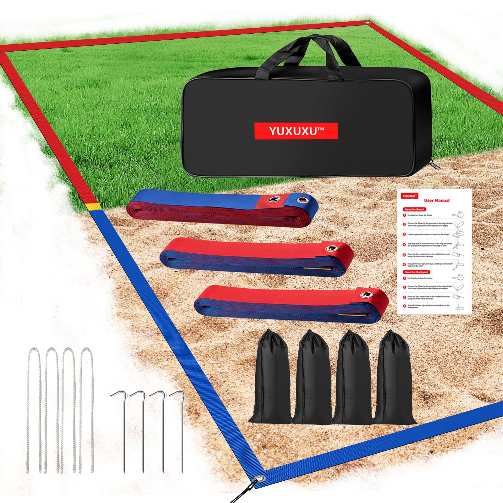YUXUXU Professional Beach Volleyball Lines for Sand-2 Inch, Highly Visible, All-Weather, with Stainless Anchors & Sand Bags - Official Court 30' X 60'|Short Court 26.3' X 52.6'
