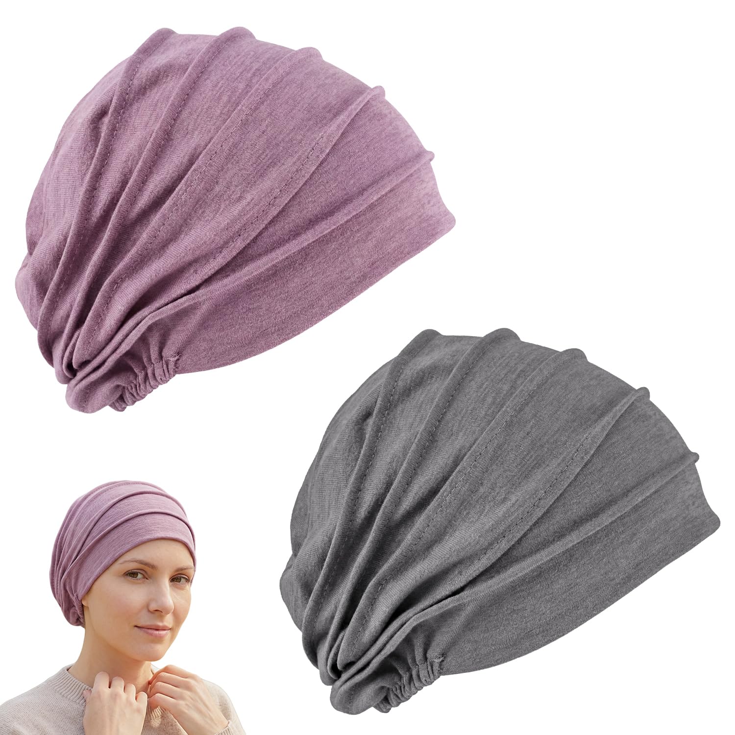 Pack de 2 Turbantes de Algodón para Mujer, Gorros Quimioterapia Transpirables, Pañuelo de Cabeza para Pérdida de Cabello (Rosa y Púrpura)