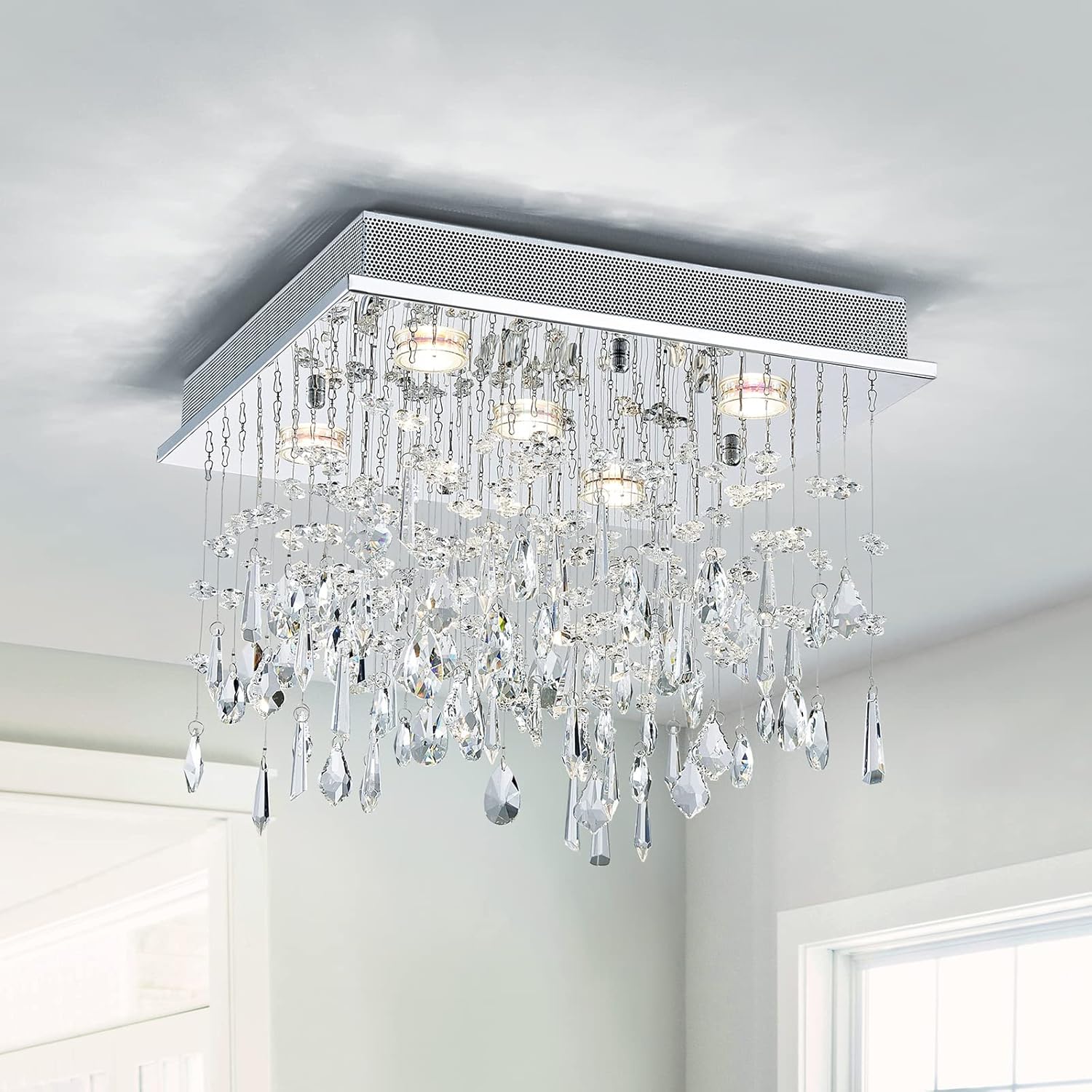 WUZUPS Crystal Raindrop Sqaure Chandelier 5Light Flushmount Ceiling