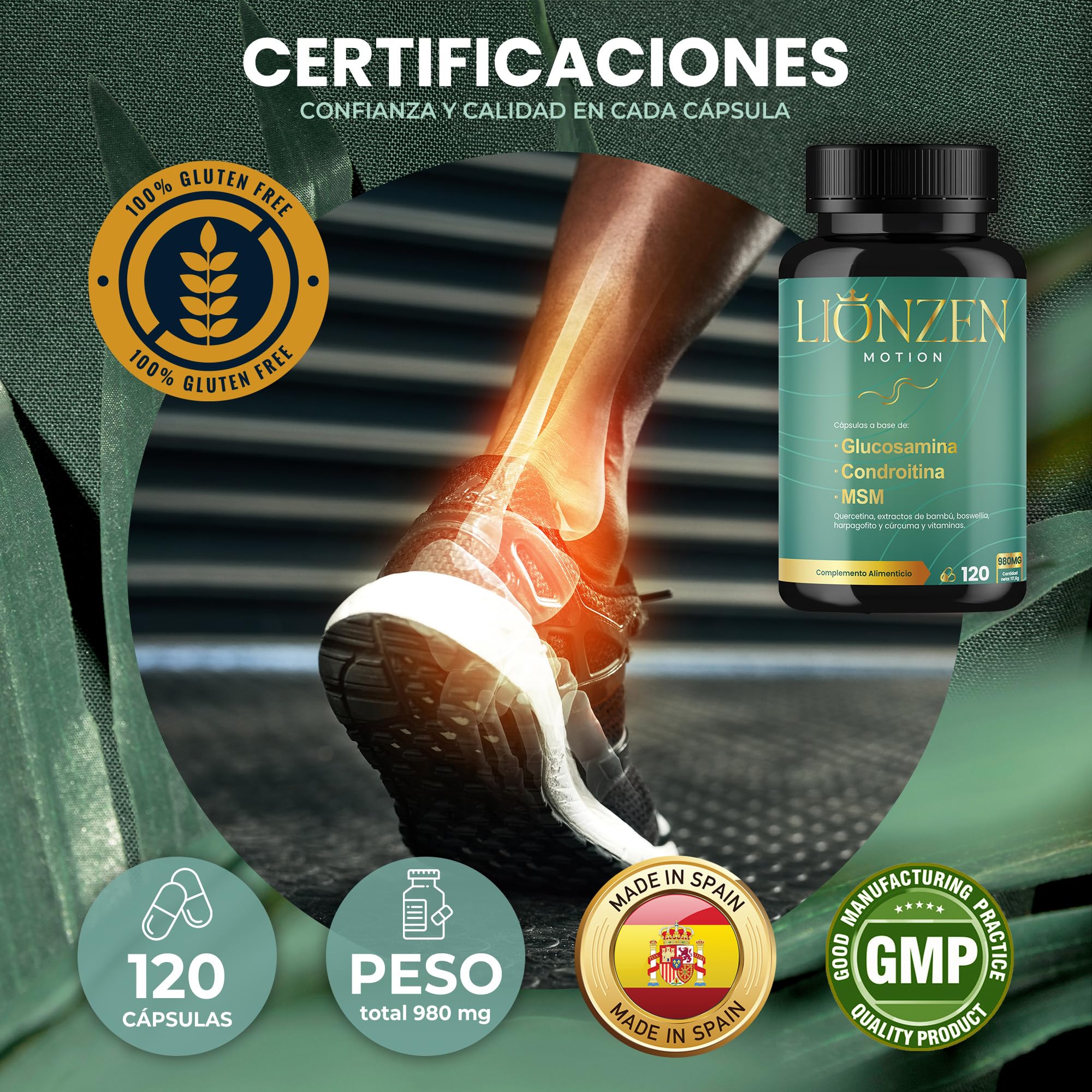 Glucosamina Condroitina y MSM +16 ingredientes articulaciones y huesos | Colágeno, Ácido Hialurónico, Cúrcuma y Vitaminas | Condroprotector Natural Cartílago y Dolor Articular | LIONZEN MOTION