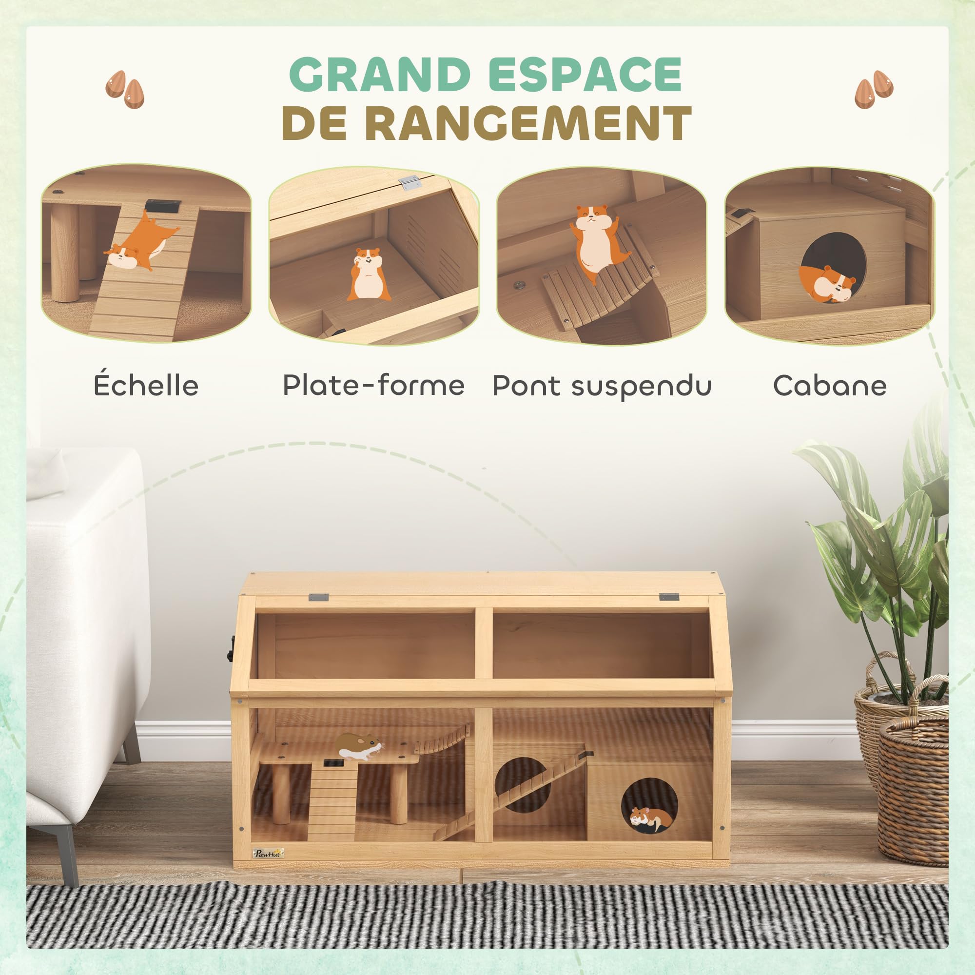 PawHut Cage Hamster en Bois avec Acrylique, 85x45x44cm - Habitat Grand pour Rongeur avec Ventilation, Couvercle ouvrant et Accessoires - Terrarium pour gerbilles et Souris, Effet Bois Naturel