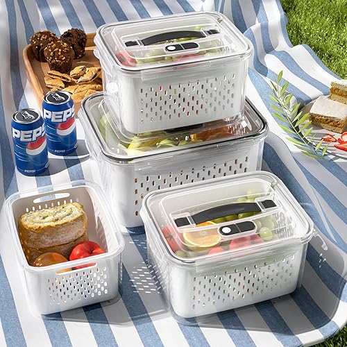 Paquete de 4 recipientes grandes de almacenamiento de frutas para refrigerador con orificios de ventilación y asa, recipientes herméticos de