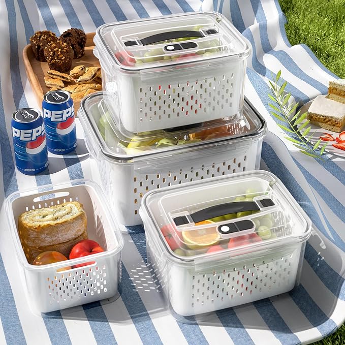 4 Pack Large Fruit Storage Containers for Fridge with vent holes and handle，Airtight Food Storage Containers Keep Fruits, Vegetables, Berry, Fresh longer,BPA-free Fridge Storage Container with Lid
