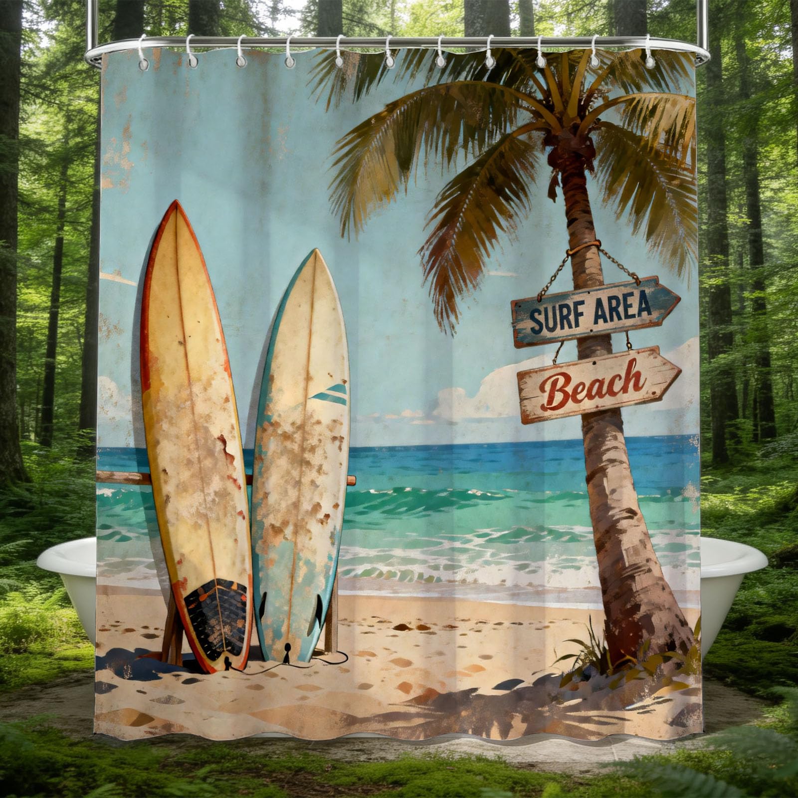Hongduo 3D Vintage Beach Shower Curtain for Stalls Bathtubs Surfboard Bathroom Decor Shower Curtain Set Polyester Fabric Waterproof 180x200cm/71X79 Inch with Hooks