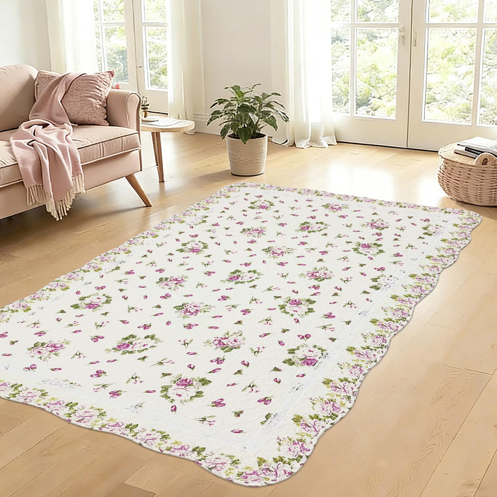 USTIDE 3x5 Rose Flower Area Rug, Natural Cotton Runner, Shabby Rose Flower Buds Vintage Rose Machine Washable Runner for Bedroom Dining Room Living
