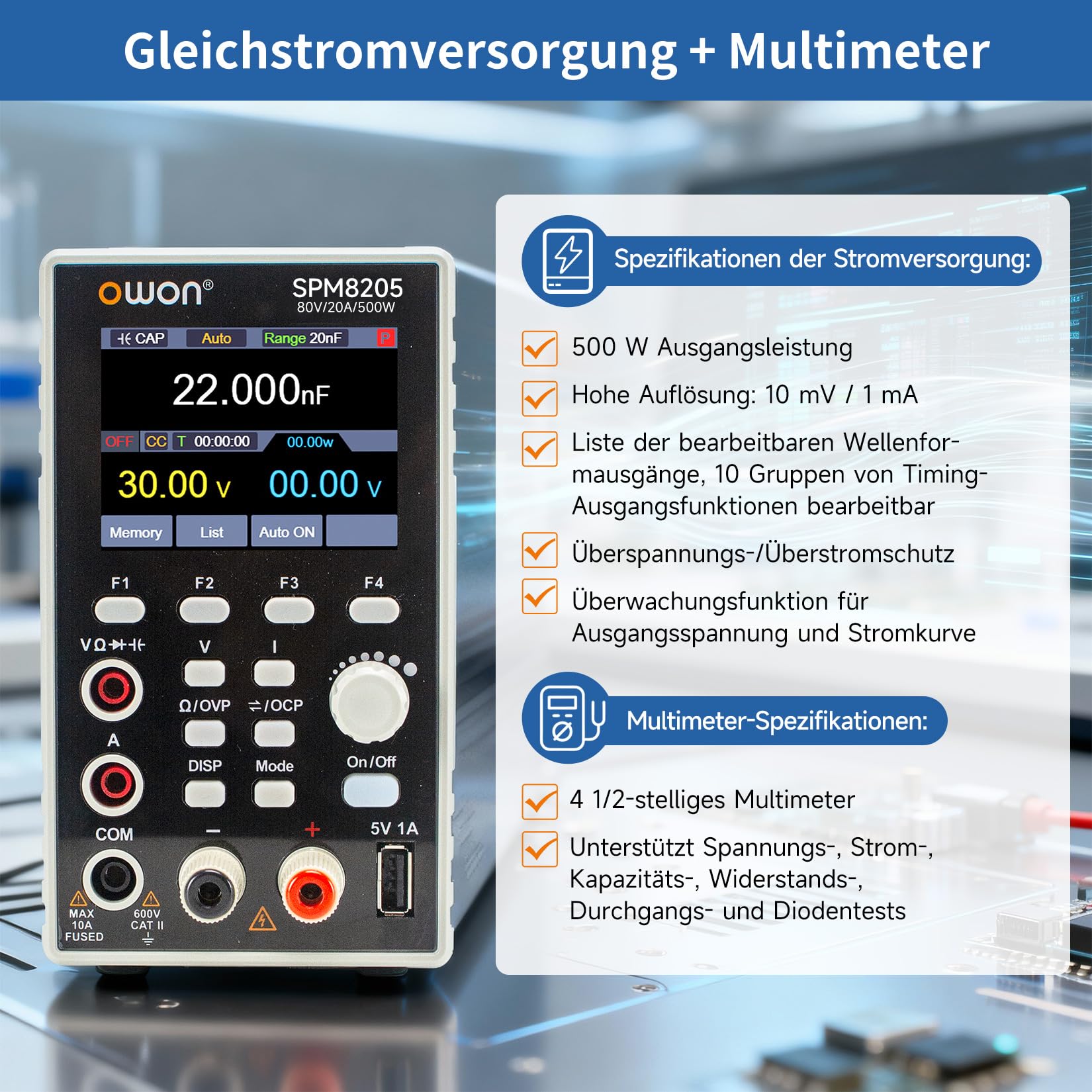 OWON SPM8205 Programmierbares Gleichstromnetzteil (0–80V, 0–20A) mit 4½-stelligem Multimeter,500W Ausgangsleistung, hoher Auflösung (10mV/1mA),USB/RS232/LAN&SCPI Unterstützung für Industrie und Labor