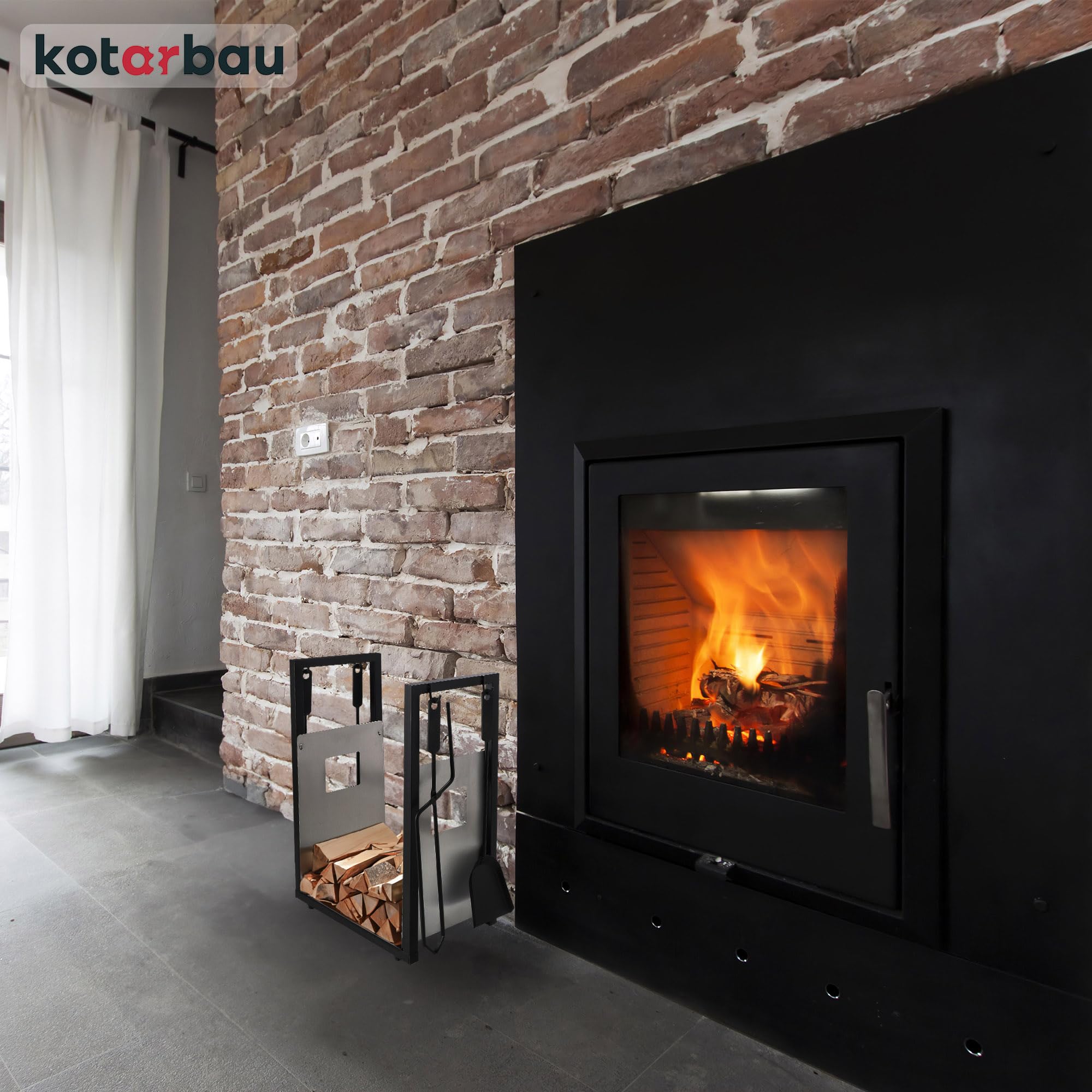KOTARBAU® Kaminholzregal Innen Modern Ofenbesteck Kaminbesteck Schaufel Besen Kaminzange Schürhakenfür Brennholzregal Holzständer für Kaminholz Brennholzkorb Holzlager