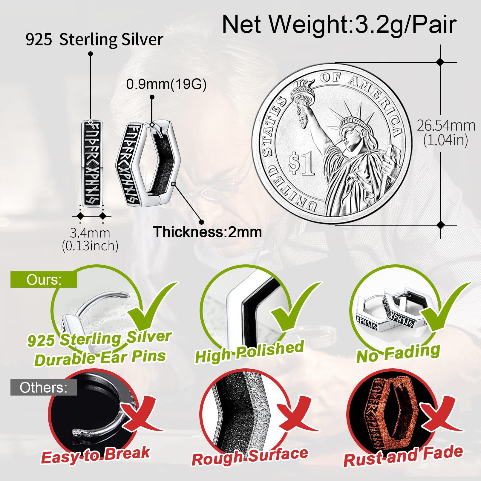 FaithHeart Uomo Donna Orecchini Cerchio di Rune Vichinghe Rune Celtiche Orecchini Cerchio Argento 925 / Acciaio Inox Antiallergico con Onice Gioielli Amuleto Nordico