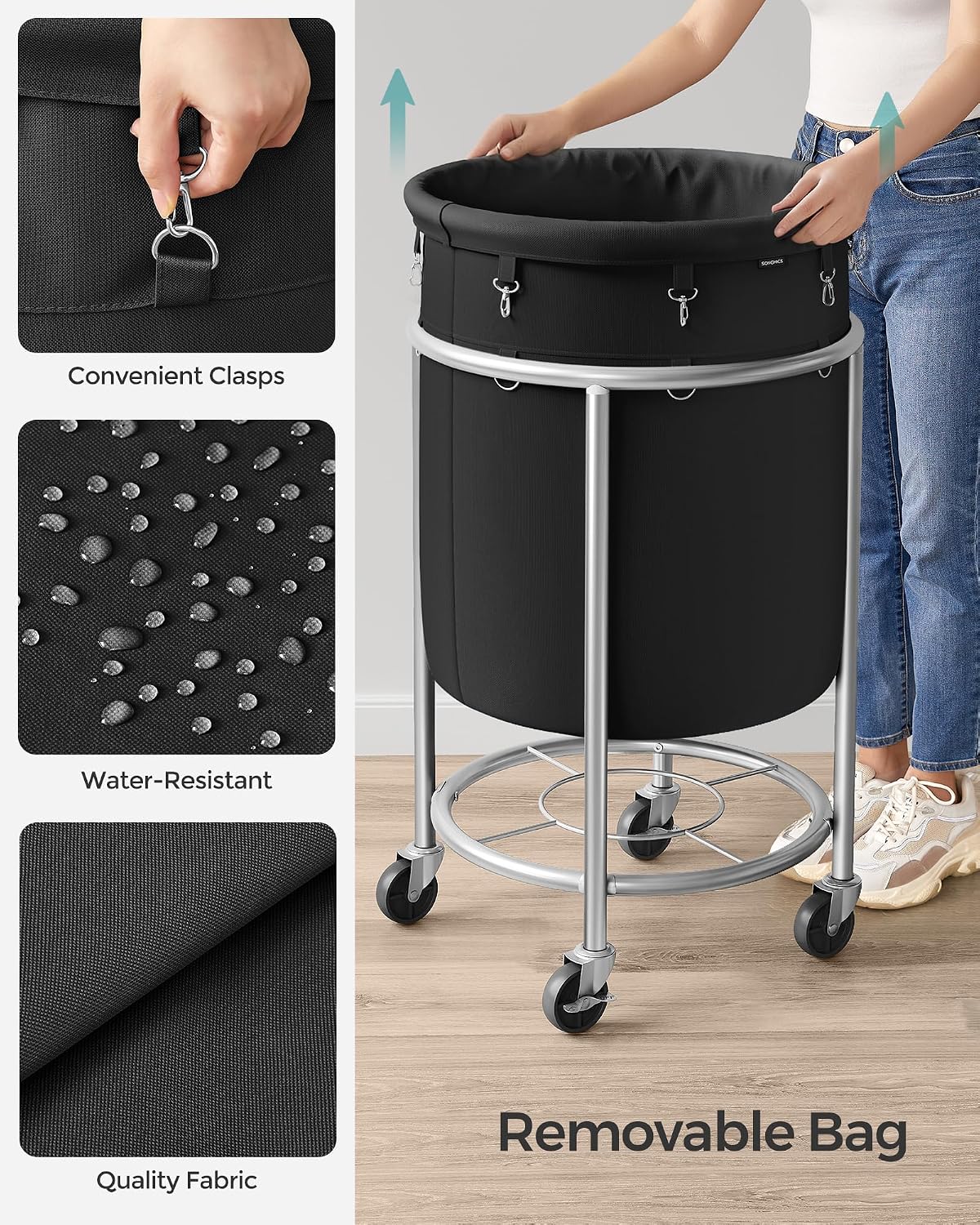 SONGMICS 29-Gallon (110 L) Laundry Basket with Wheels, Rolling Round Heavy-Duty Laundry Hamper Cart with Steel Frame and Removable Bag, 2 Locking Wheels, Ink Black and Metallic Silver URLS002B01