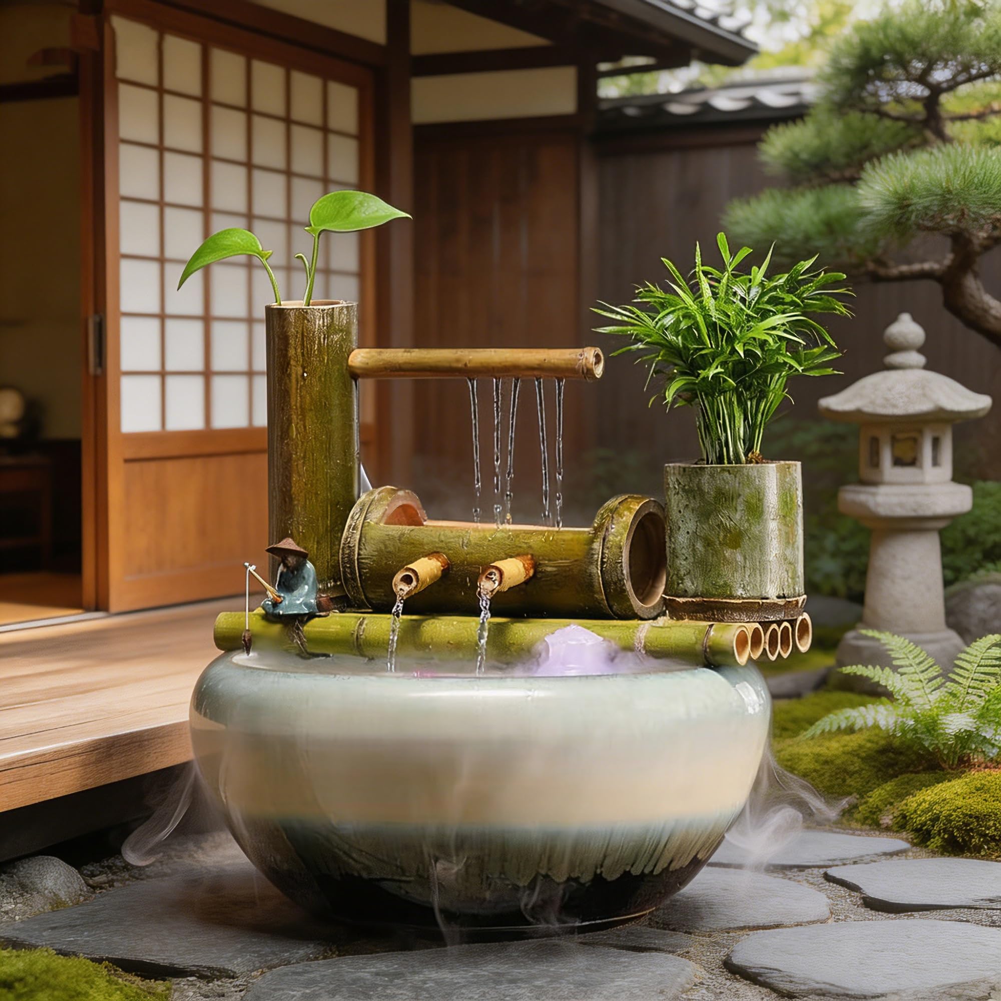 100% Handmade Bamboo Water Fountain, Japanese Style Indoor Outdoor Waterfall, Zen Garden Water Feature Decor for Patio, Yard and Home Relaxation(50CM)