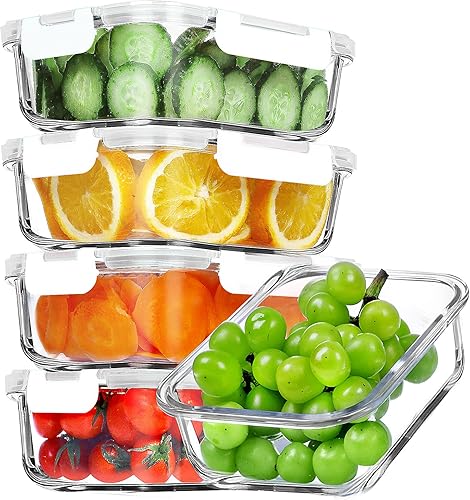 Miniatura 9 de VERONES Paquete de 5 recipientes de 36 onzas de vidrio para preparar comidas, juego de recipientes de vidrio herméticos para almuerzos, recipientes