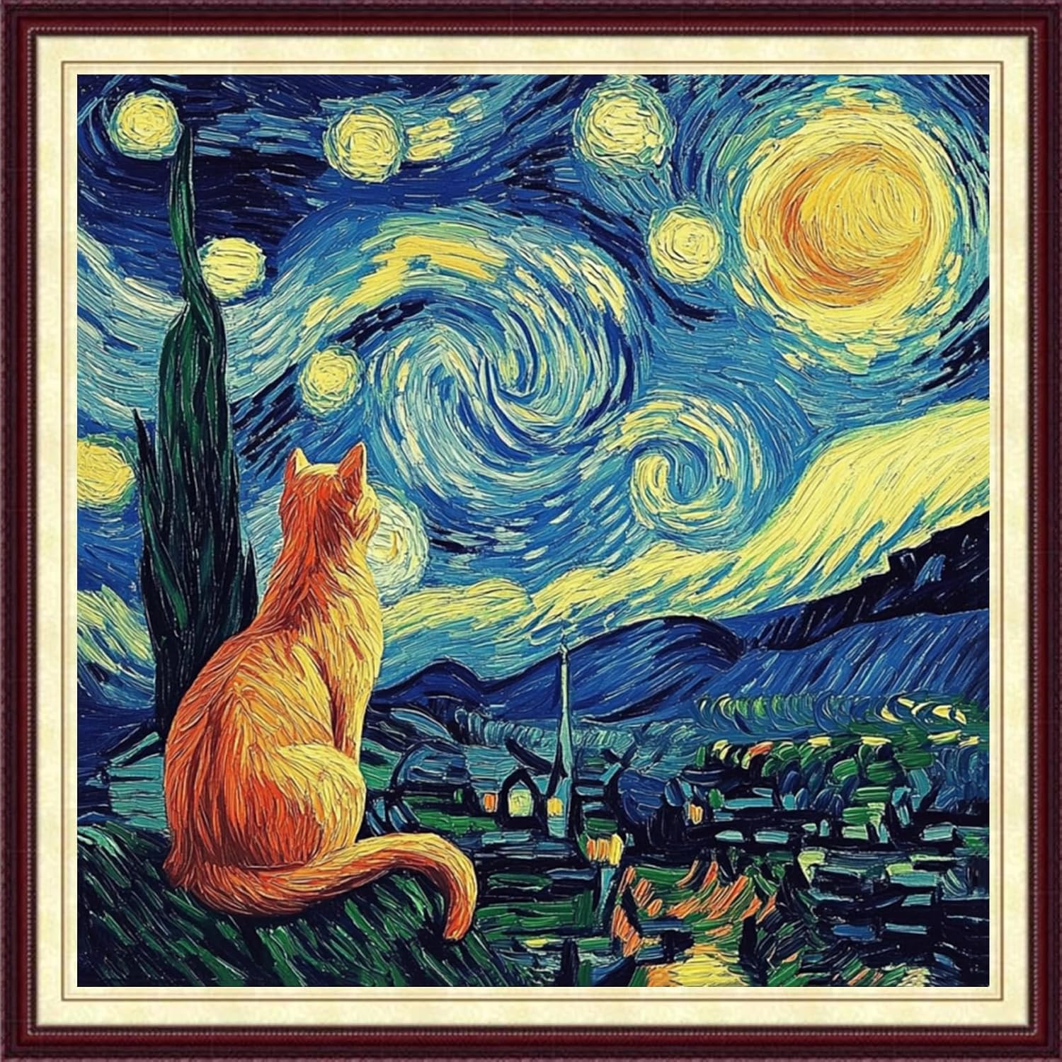 Stamped Cross Stitch Kits for Adults 11CT Printed Cross-Stitch Patterns Embroidery Kits Easy Cross Stitching Needlepoint Kits&Cat admires Van Gogh's starry sky 18x18 inch
