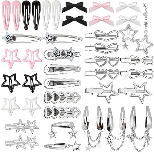 42Pcs Y2k Pink Hair Clips Set Silver Hair Clips Metal