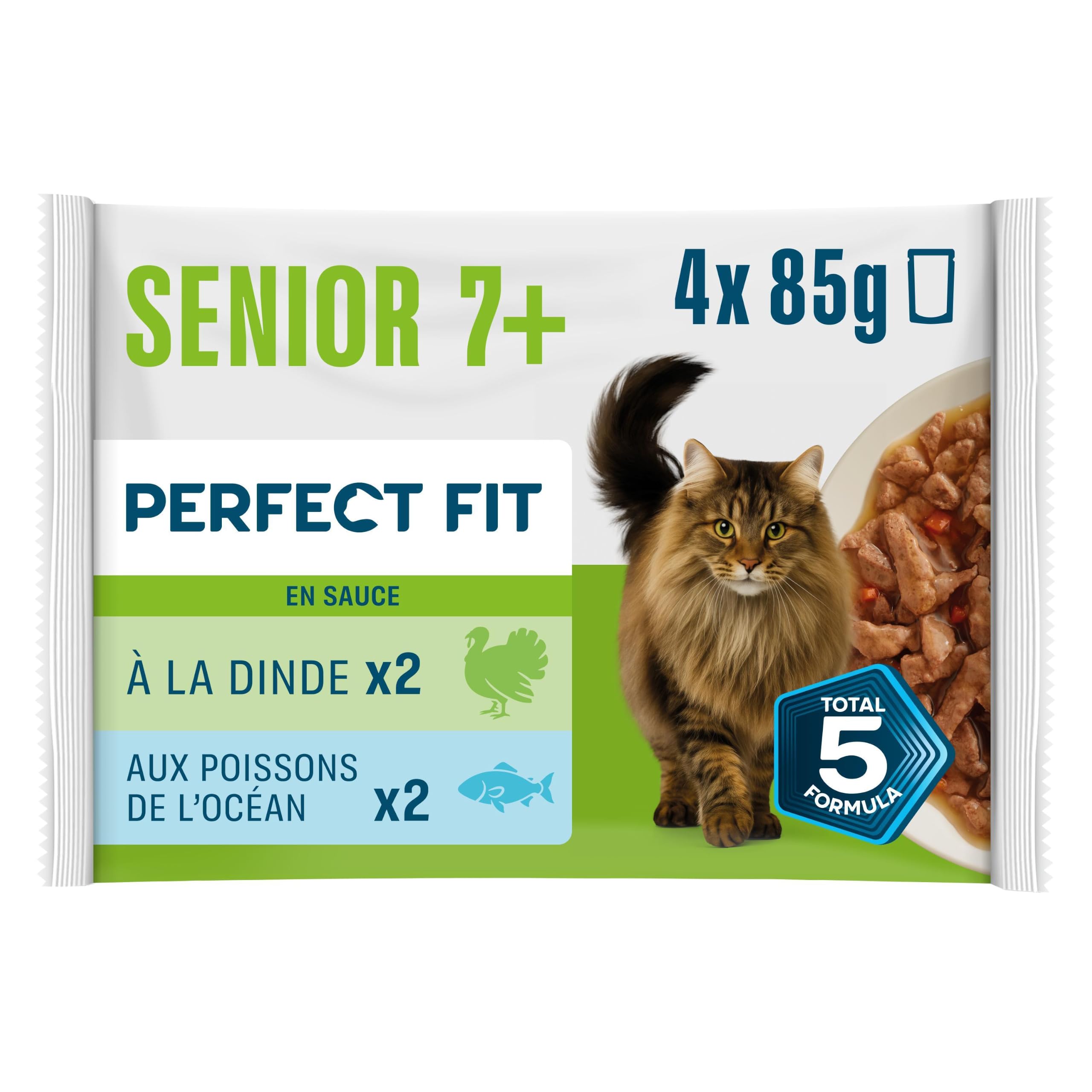 Sachet de Nourriture pour Chat Senior 7+, 4 x 13 x 85 g à la Dinde et aux Légumes/aux Poissons de l'océan et aux Petits Pois (Pack de 52)