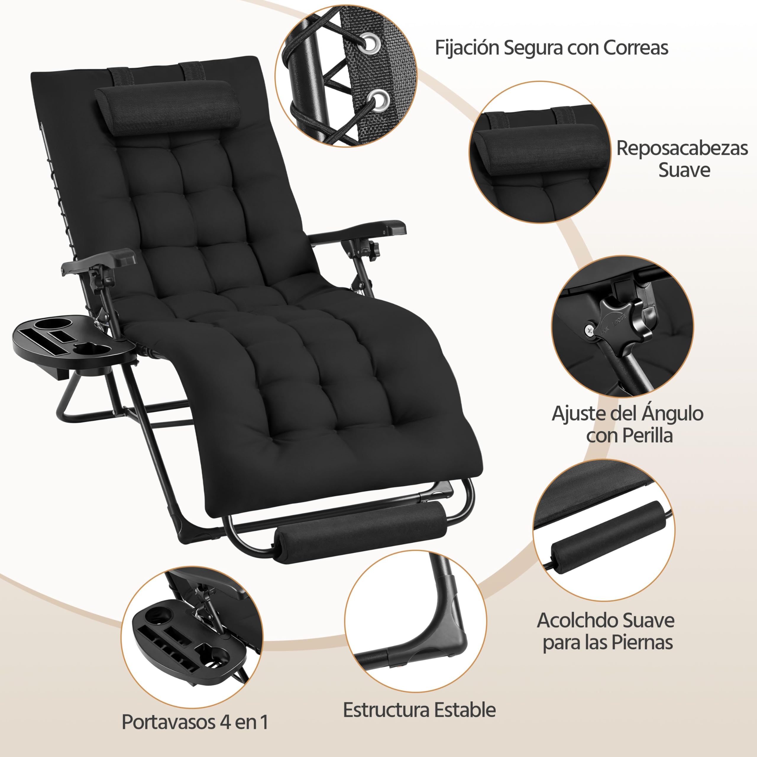 Yaheetech Tumbona Plegable y Resistente, Tumbonas Jardin Exterior, Capacidad de Carga 200kg, Tapizado Ergonómico, Respaldo Ajustable, Cojín Cervical, Portavasos y Cojín para Brazos, Gris Oscuro/Negro — view 5