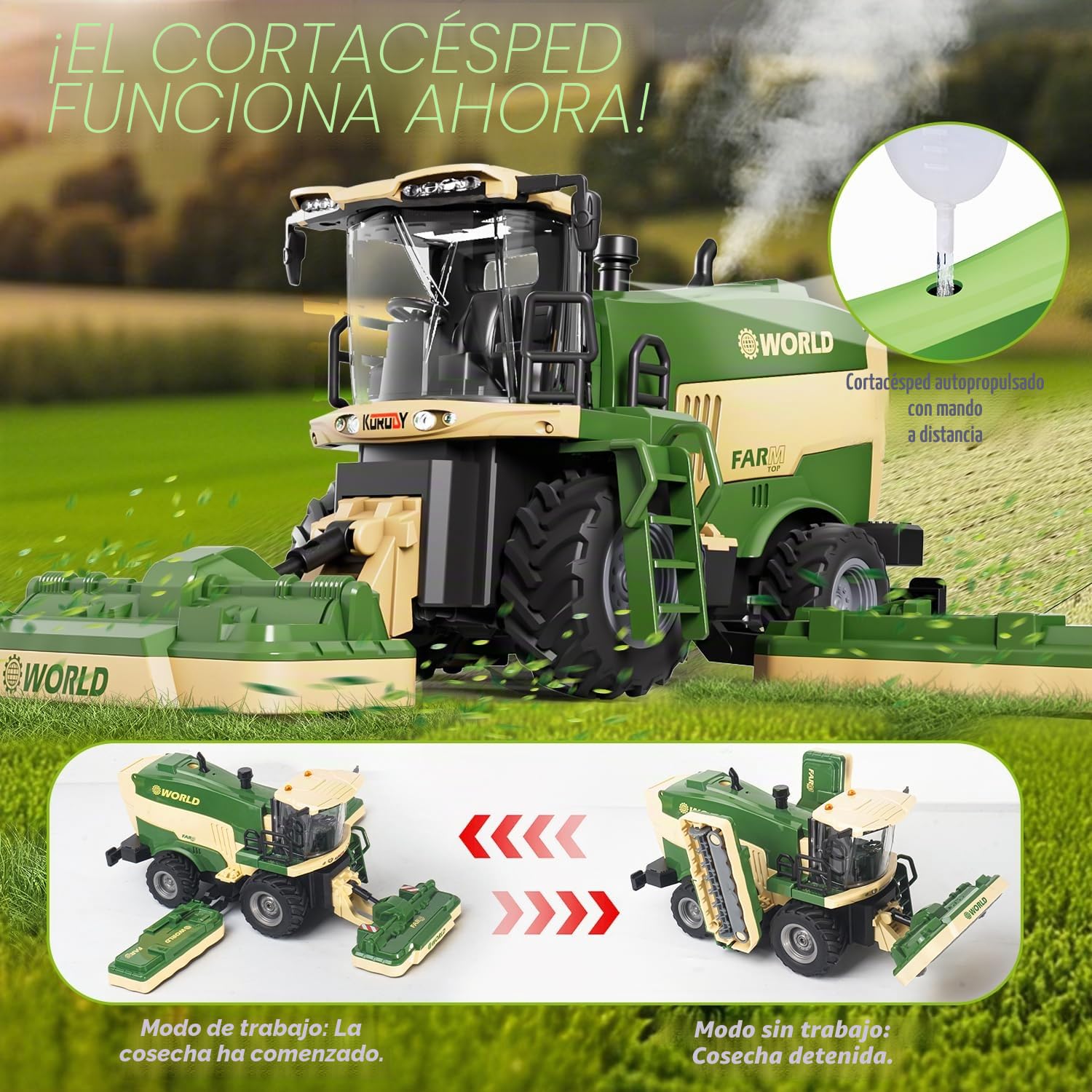 PENGBU RC Juguete de segadora, cosechadora teledirigida para niños, 2,4 GHz, tractor teledirigido y trituradora de maíz con sonido/luz/spray, cosechadora