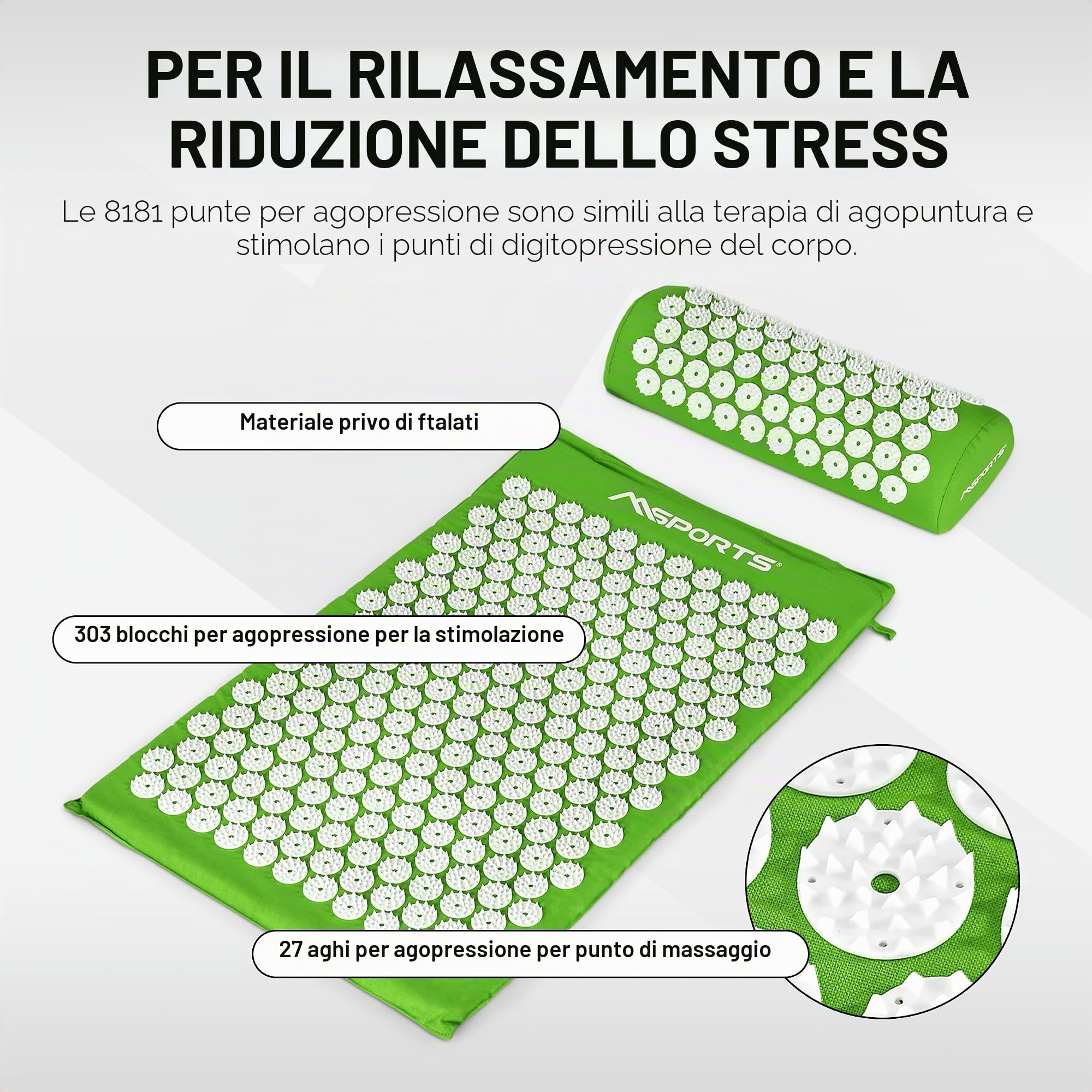 Tappetino per agopressione Premium, set per agopuntura - con tappetino per agopuntura, cuscino, borsa & app per allenamento, rivestimento in 100% cotone, soluzione di tensioni I tappetino massaggiante