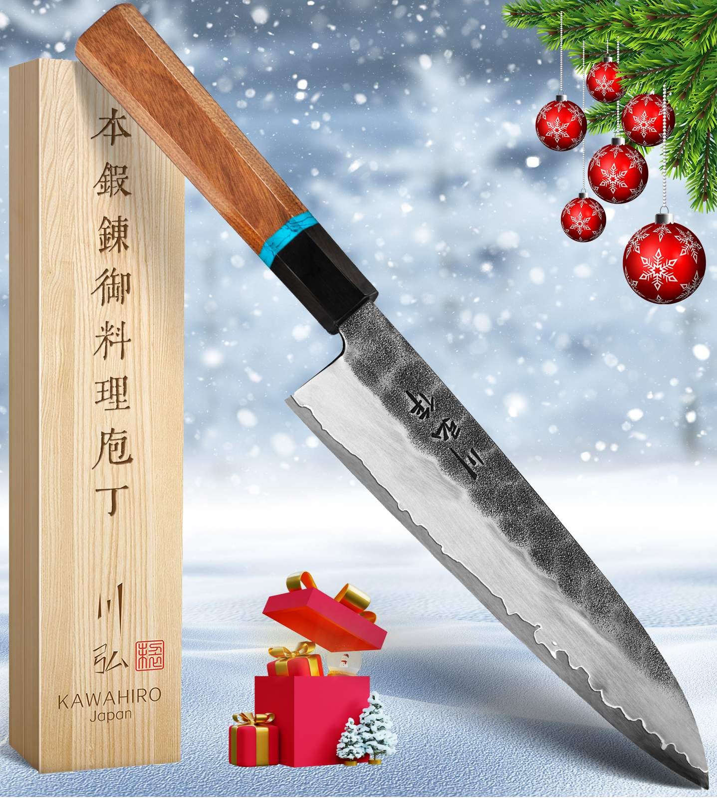 Japanese Chef Knife, 8.3 inches (210 mm) Black Forged Kitchen Knife with Tri-Ply VG-10 Stainless Steel Blade, Professional Handcrafted Gyuto Chefs Knife, Ergonomic Handle Grip and Gift Wood Box
