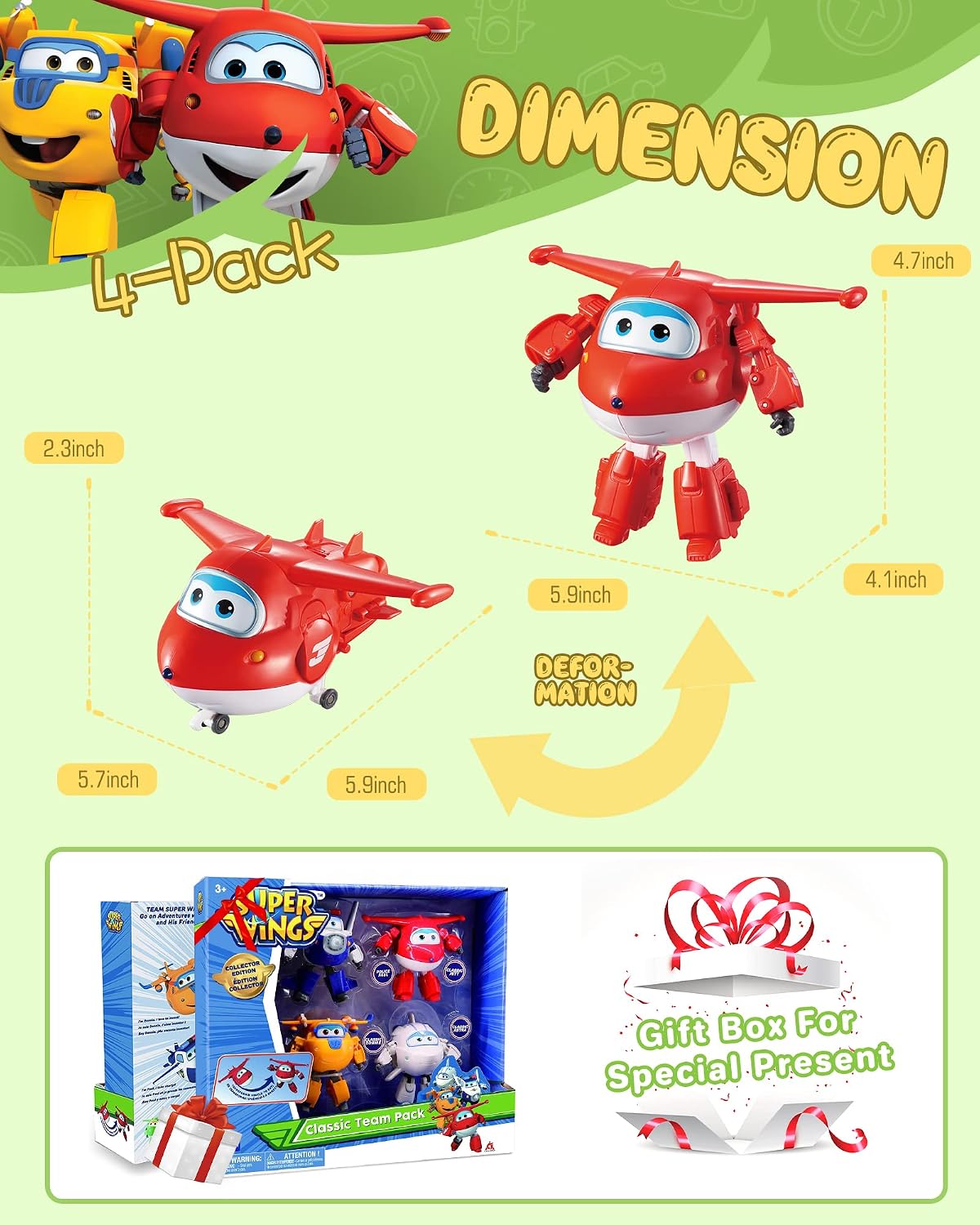 Super Wings 5" Transforming Characters 4-Pack , Combine Jett, Paul, Astra, Donnie Airplane Toys Playset, Vehicle Action Figure, Superwings Transforming Plane to Robot, Gifts for Kids Aged 3 and Up