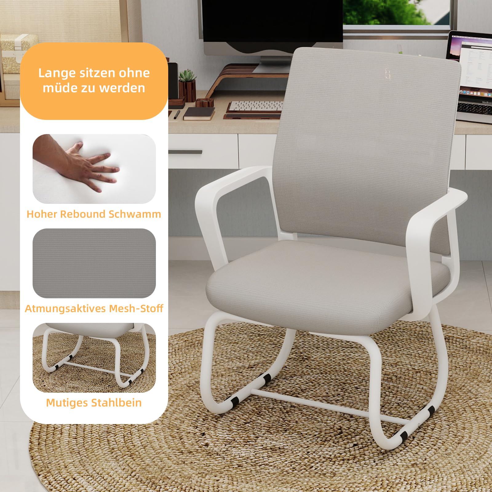 Silla de oficina sin ruedas - Silla voladizo moderna con reposabrazos, respaldo de malla y acolchado suave, silla de conferencias para oficina, oficina y hogar (blanco)