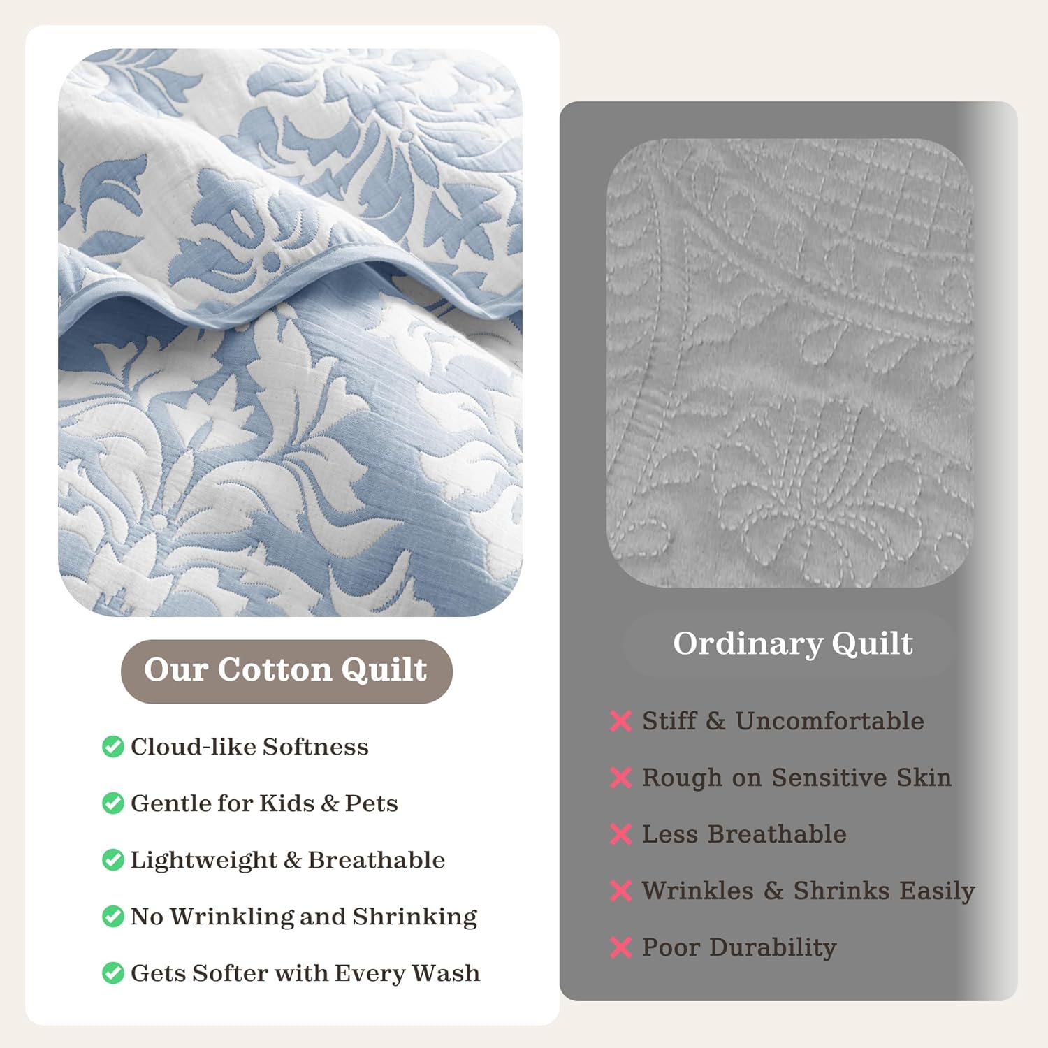 Exclusivo Mezcla Cotton Quilts Queen Size Blue, Soft Lightweight Bedspread Breathable Prewashed Bed Coverlet with 2 Pillow Shams, Boho Pattern Yarn Dyed Muslin Quilt Bedding Set for All Seasons