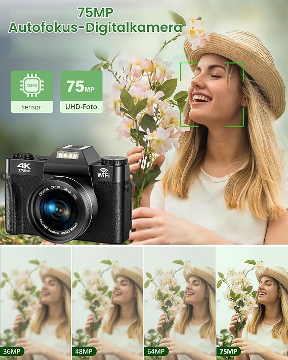 Digital Camera 4K 75MP with Wi-Fi 2 x 1500 mAh Batteries Auto Focus Camera